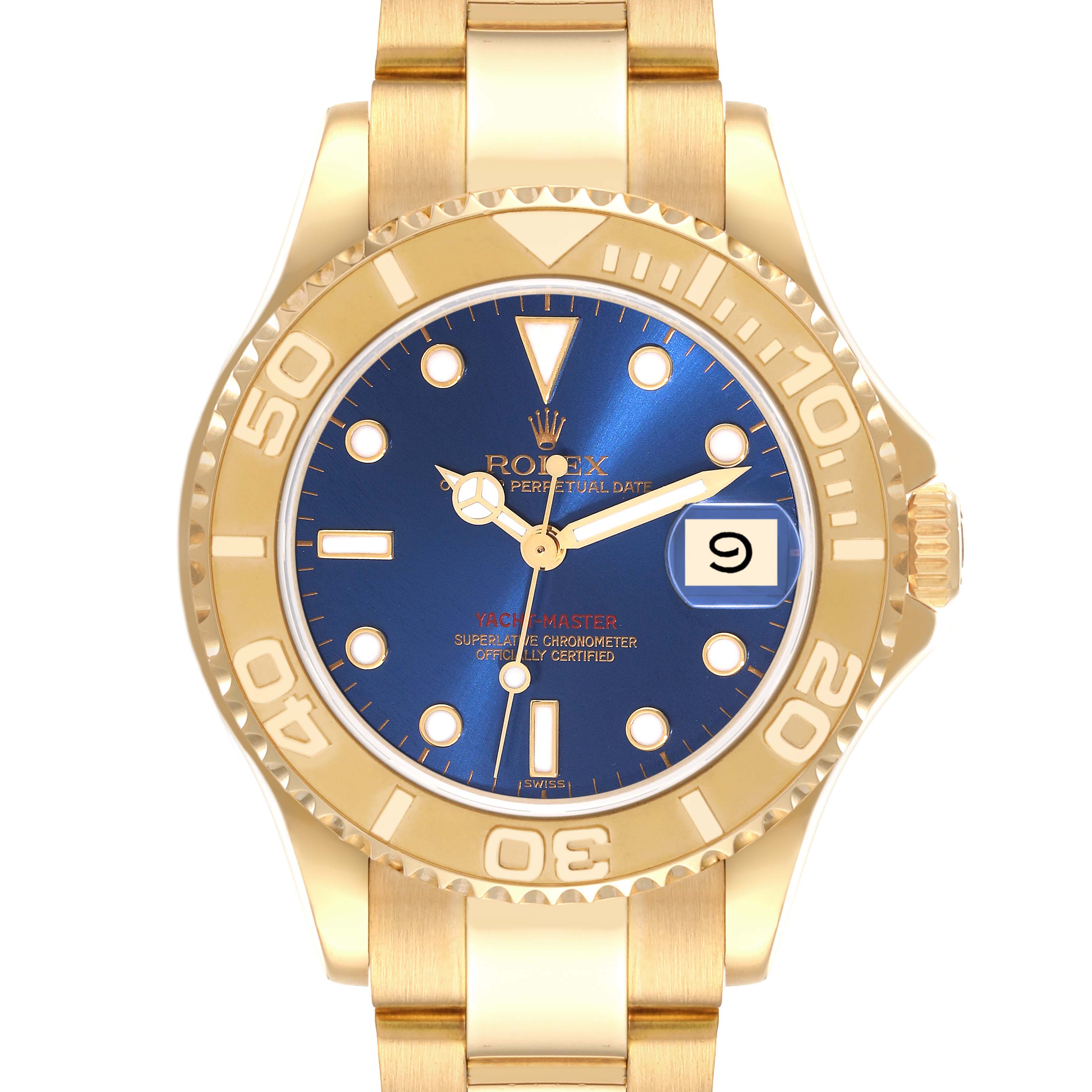 This is a front view of the Rolex Yacht-Master 68628 Men's Yellow Gold Blue Dial 68628 Men's Yellow Gold Blue Dial watch showing the dial, case, bezel, and bracelet.
