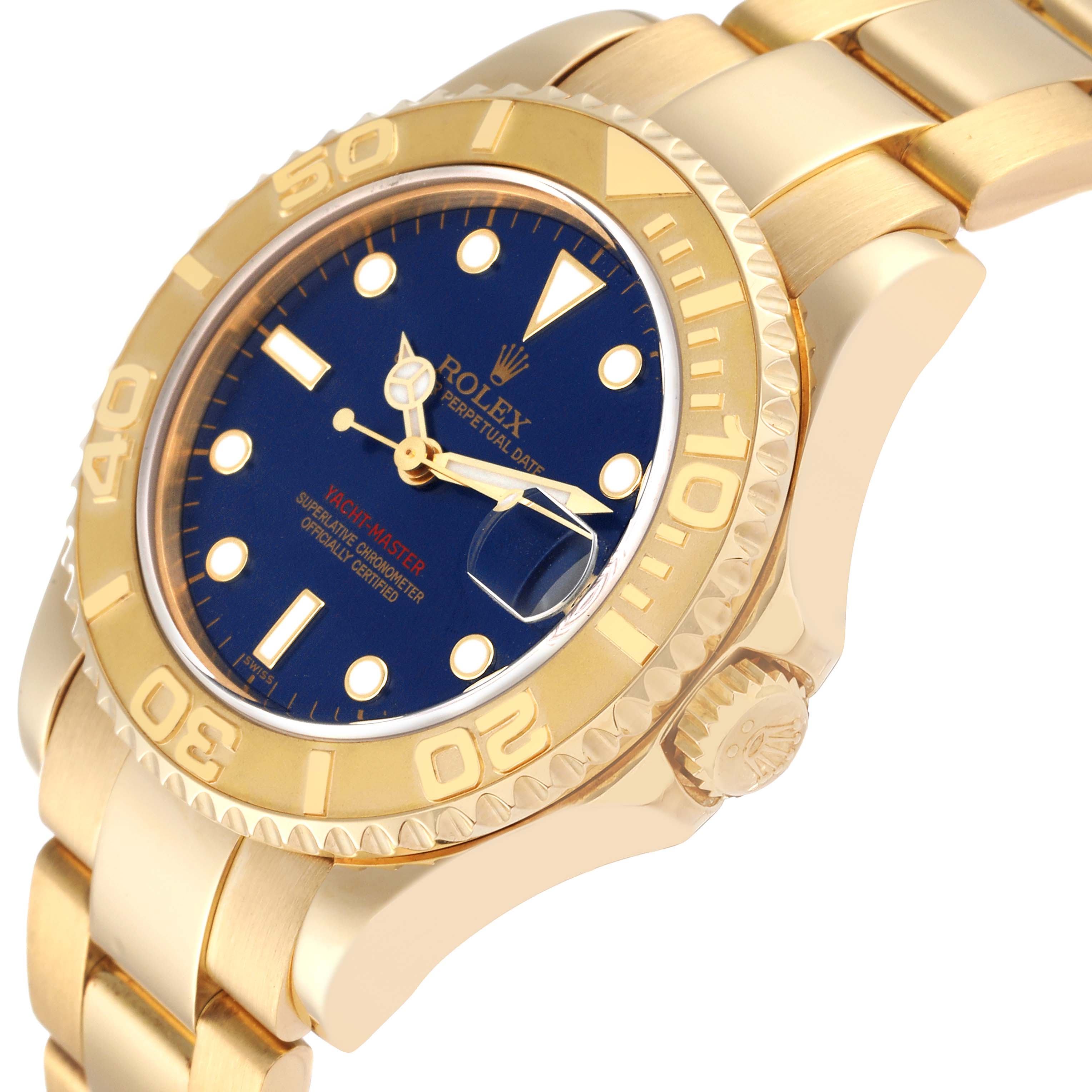 The image shows a close-up, angled view of the Rolex Yacht-Master 68628 Men's Yellow Gold Blue Dial 68628 Men's Yellow Gold Blue Dial watch focusing on the dial, bezel, and part of the bracelet.