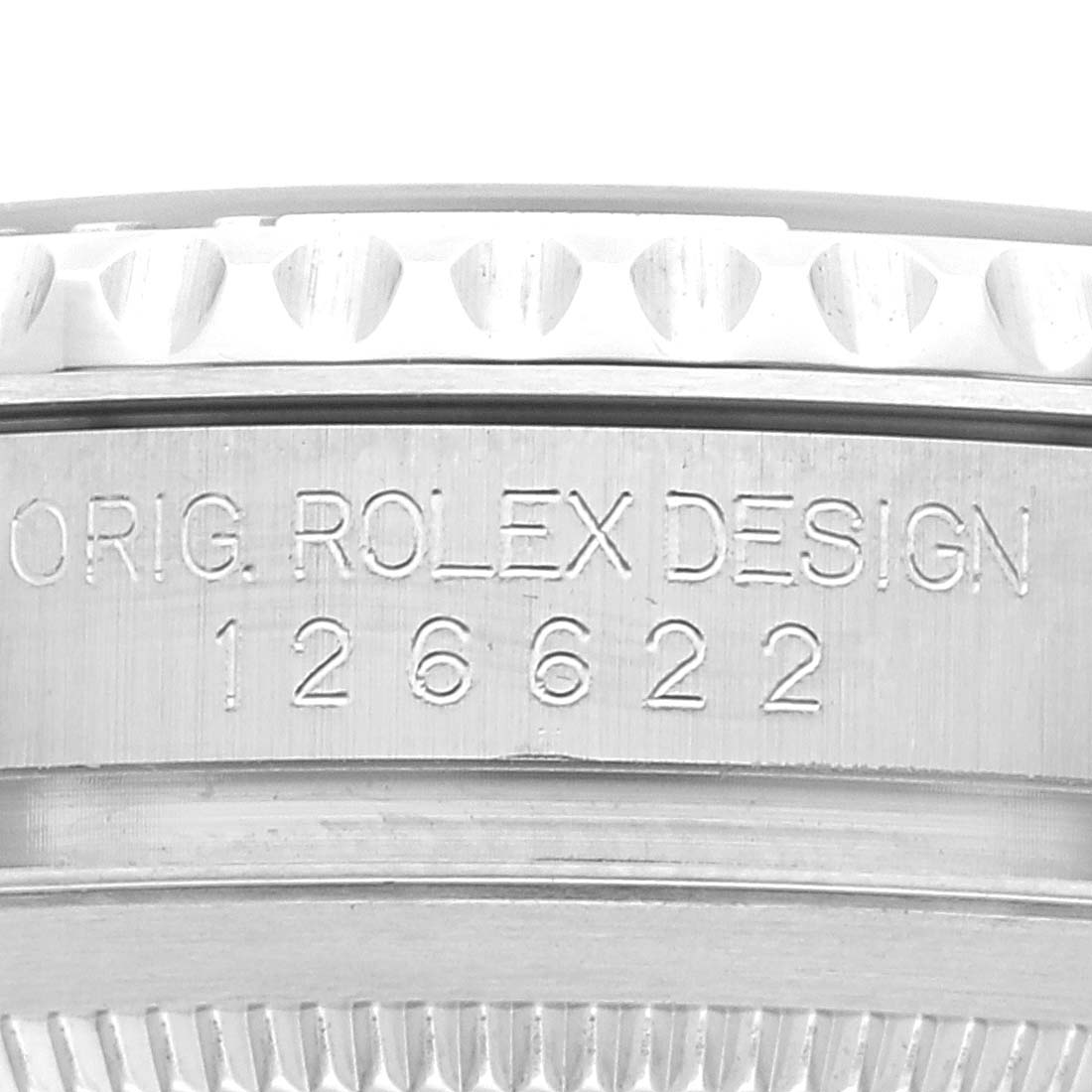 The image shows a close-up of the side of a Rolex Yacht-Master 126622 Men
s Stainless Steel Grey Dial 126622 Men
s Stainless Steel Grey Dial watch, focusing on the engraved model number "126622."