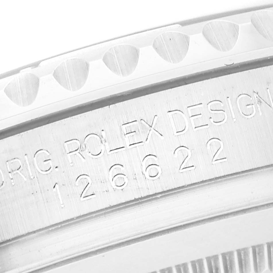 The image shows a close-up of the side of a Rolex Yacht-Master 126622 Men's Stainless Steel Grey Dial 126622 Men's Stainless Steel Grey Dial watch, highlighting the engraving of the model and design details.