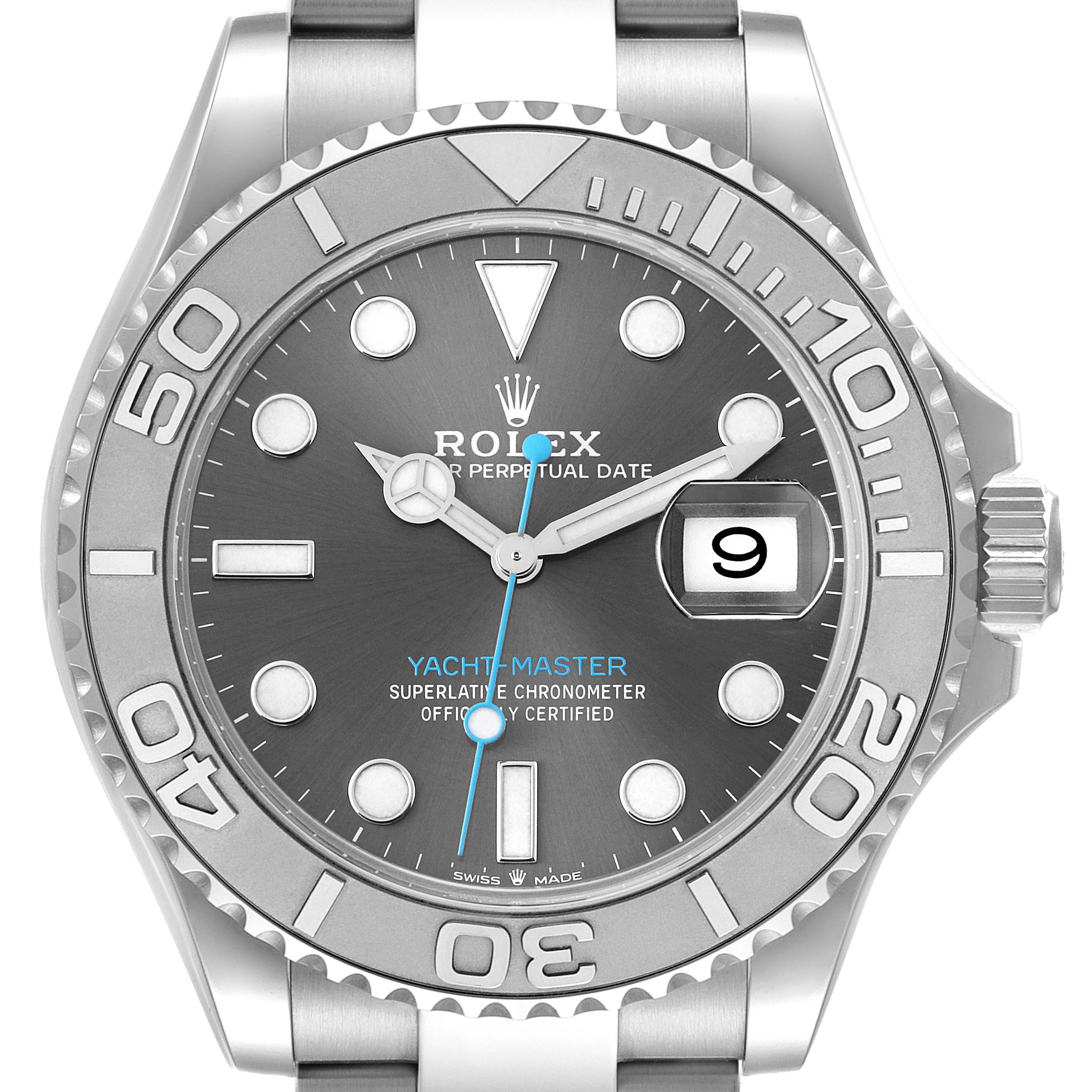 The image displays a front view of the Rolex Yacht-Master 126622 Men's Stainless Steel Grey Dial 126622 Men's Stainless Steel Grey Dial watch, showing the dial, hands, date window, and part of the band.