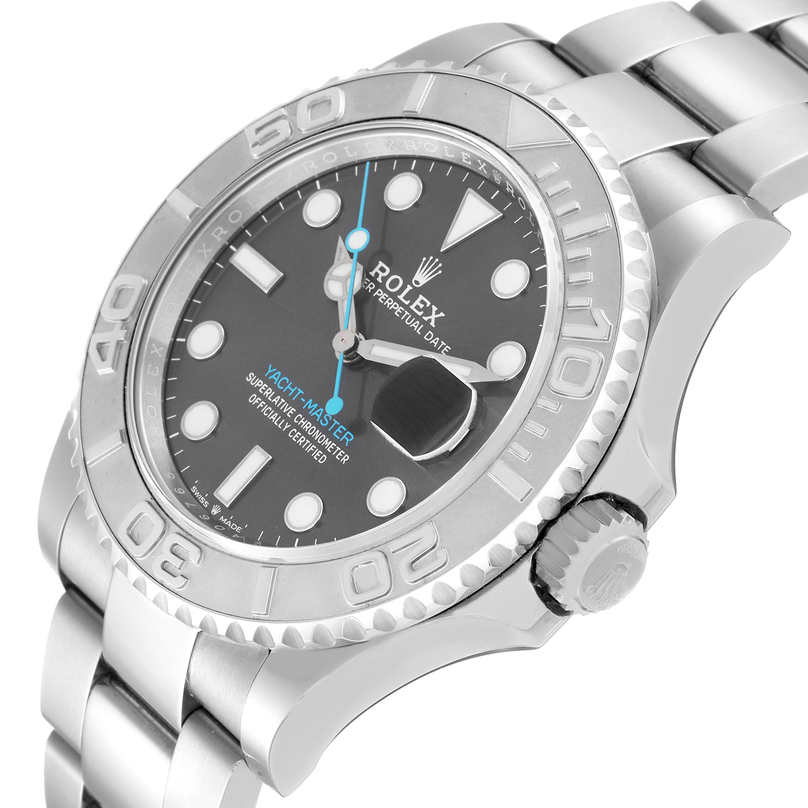 This image shows a side angle of the Rolex Yacht-Master 126622 Men's Stainless Steel Grey Dial 126622 Men's Stainless Steel Grey Dial watch highlighting the bezel, dial, case, and part of the bracelet.