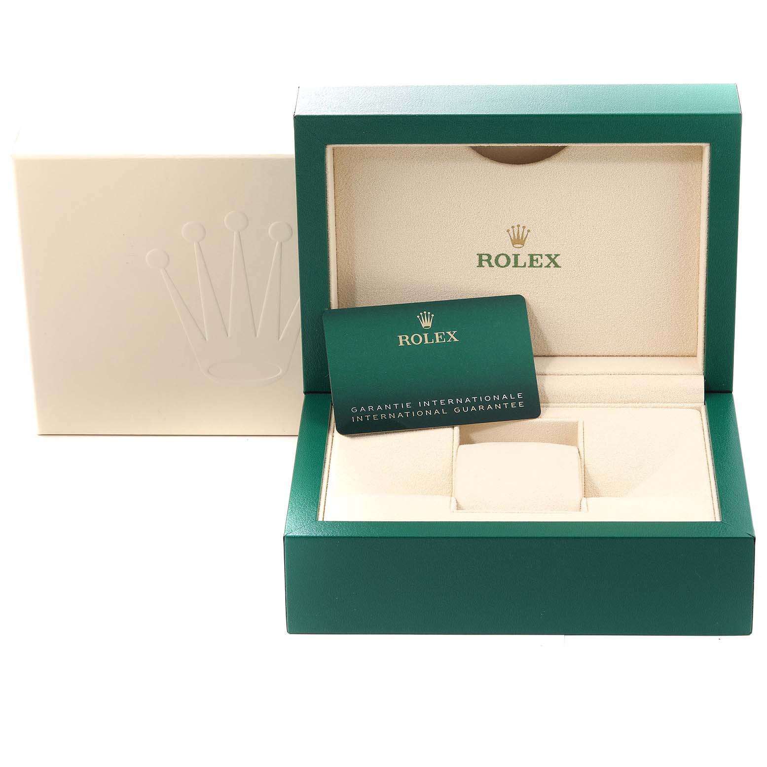 The image shows an open green Rolex box for the Yacht-Master model, with an international guarantee card inside.