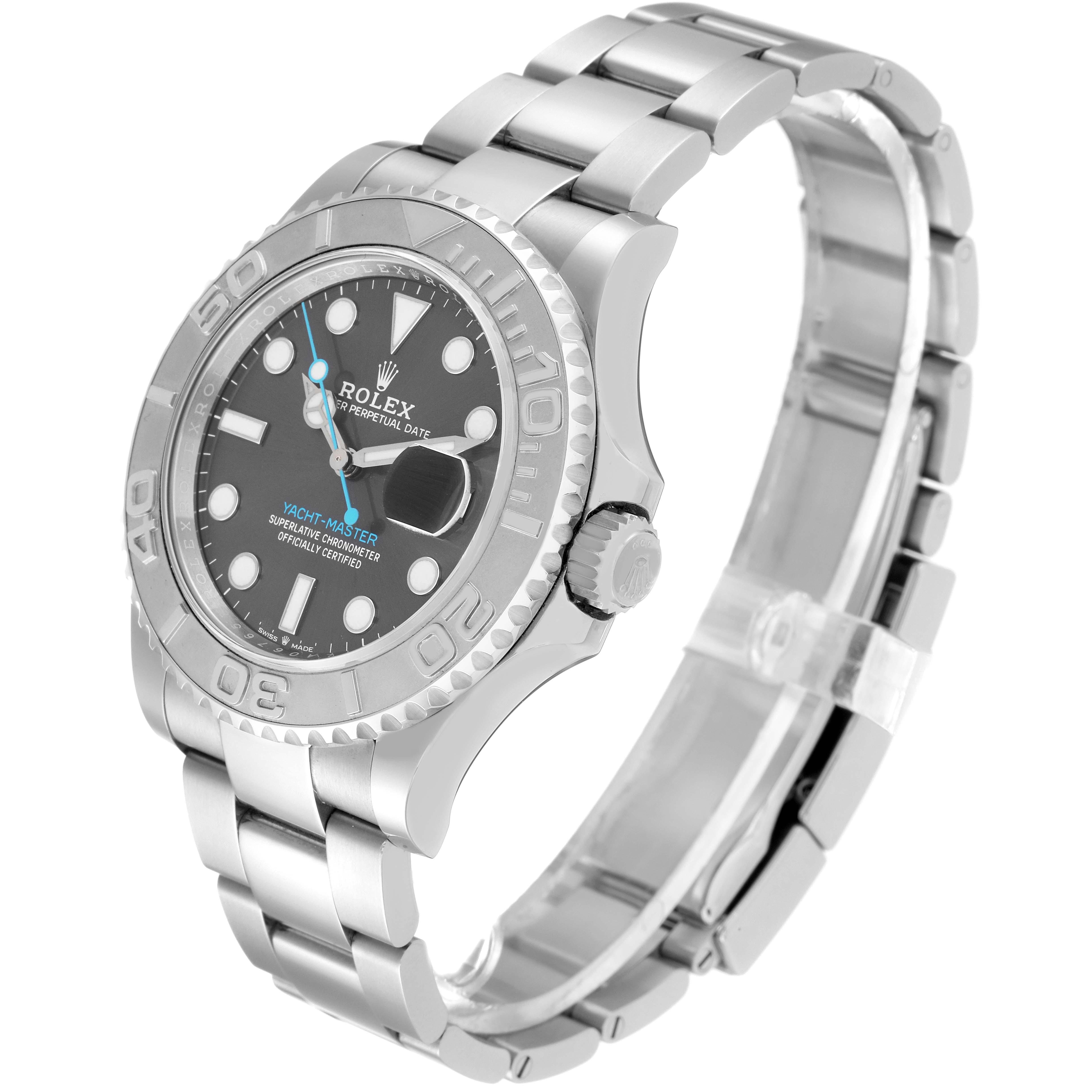 This Rolex Yacht-Master 126622 Men's Stainless Steel Grey Dial 126622 Men's Stainless Steel Grey Dial watch is shown at a three-quarter angle highlighting its face, bezel, crown, and bracelet.