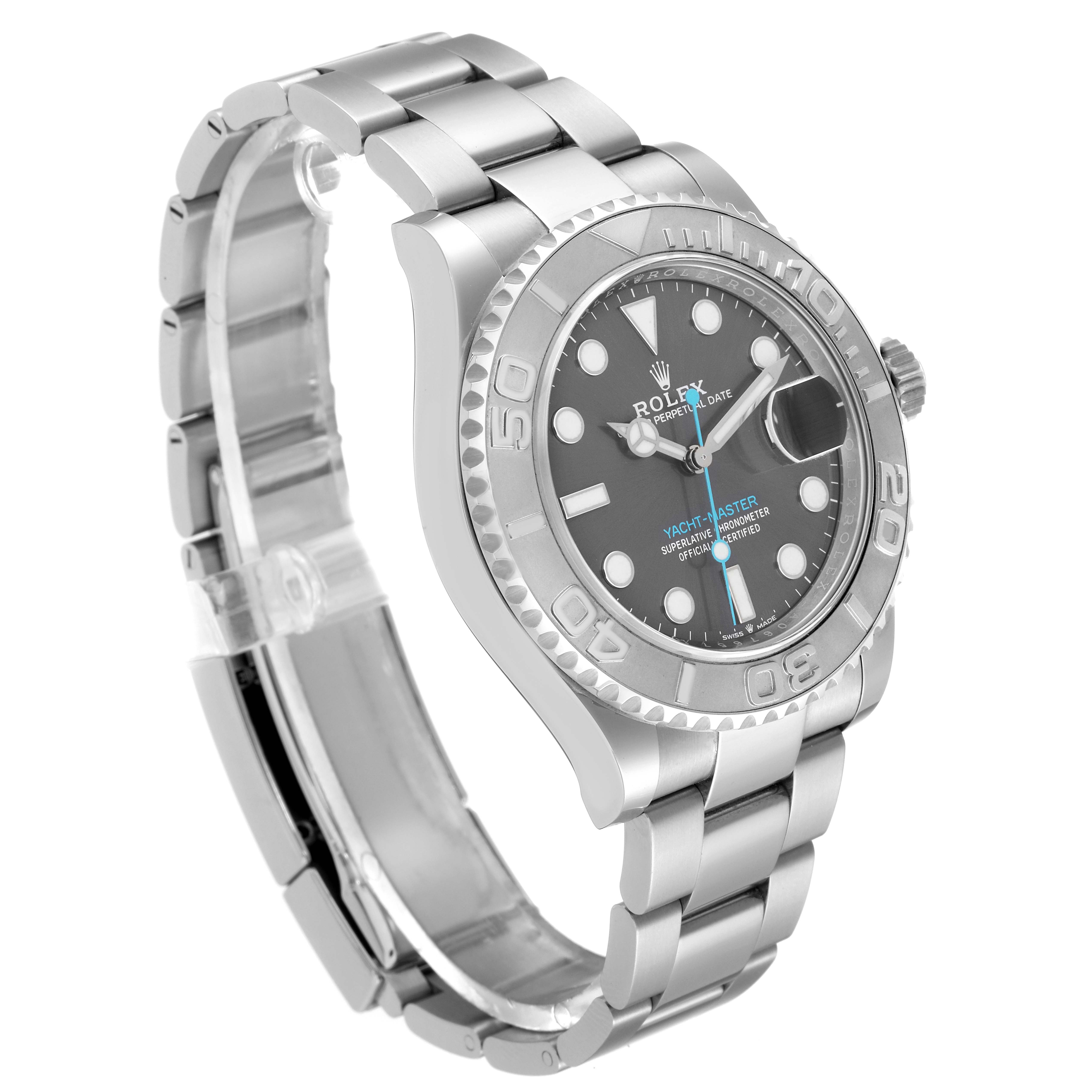 The Rolex Yacht-Master 126622 Men's Stainless Steel Grey Dial 126622 Men's Stainless Steel Grey Dial watch is shown at an angled view, highlighting the watch face, bezel, and bracelet.