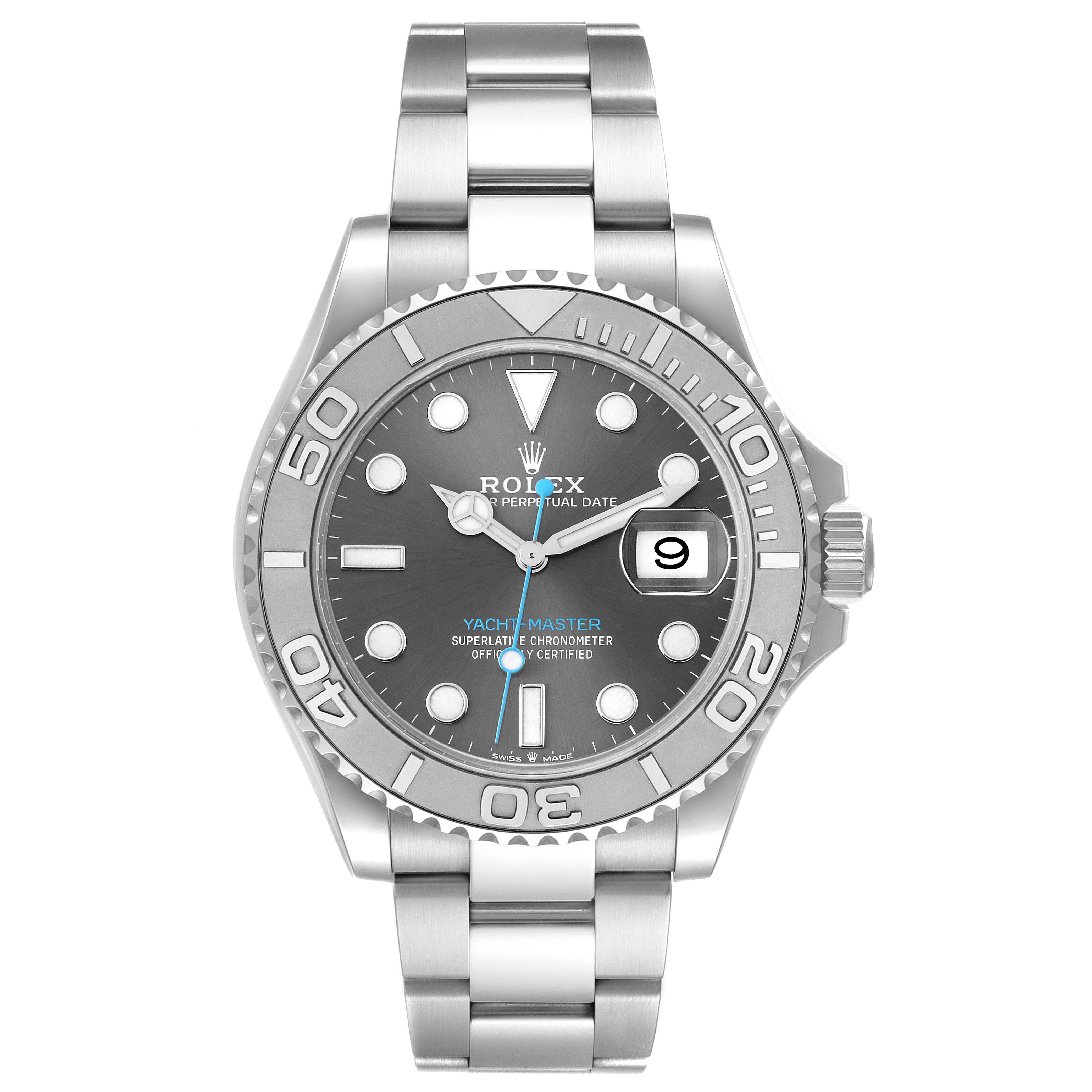 This image shows a front view of the Rolex Yacht-Master 126622 Men's Stainless Steel Grey Dial 126622 Men's Stainless Steel Grey Dial watch, highlighting its dial, bezel, crown, and bracelet.