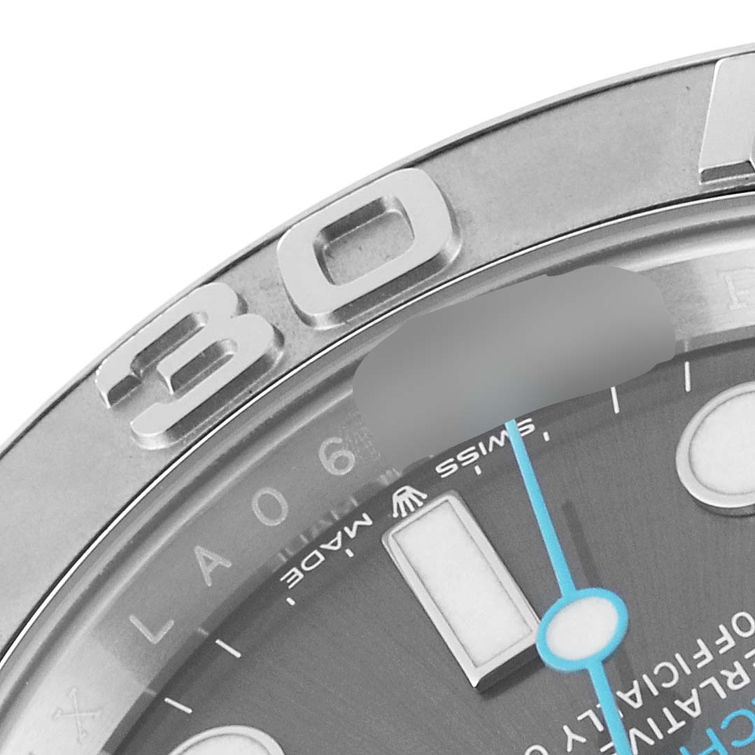 This image shows a close-up of the bezel and part of the dial of a Rolex Yacht-Master 126622 Men's Stainless Steel Grey Dial 126622 Men's Stainless Steel Grey Dial watch.