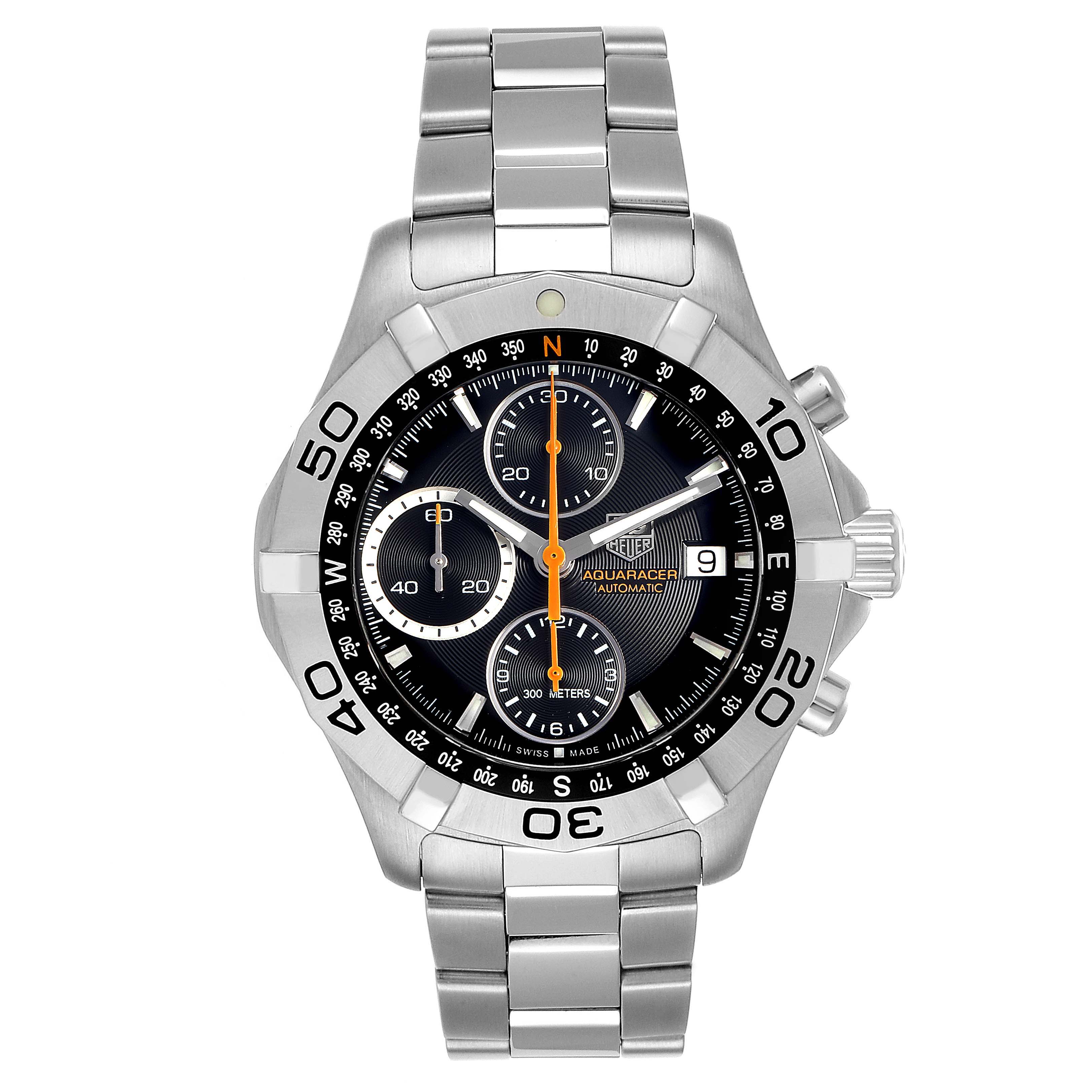 The image shows a front view of a Tag Heuer Aquaracer CAF2113.BA0809 Men's Stainless Steel Black Dial CAF2113.BA0809 Men's Stainless Steel Black Dial watch, highlighting its stainless steel band and black dial with chronograph features.