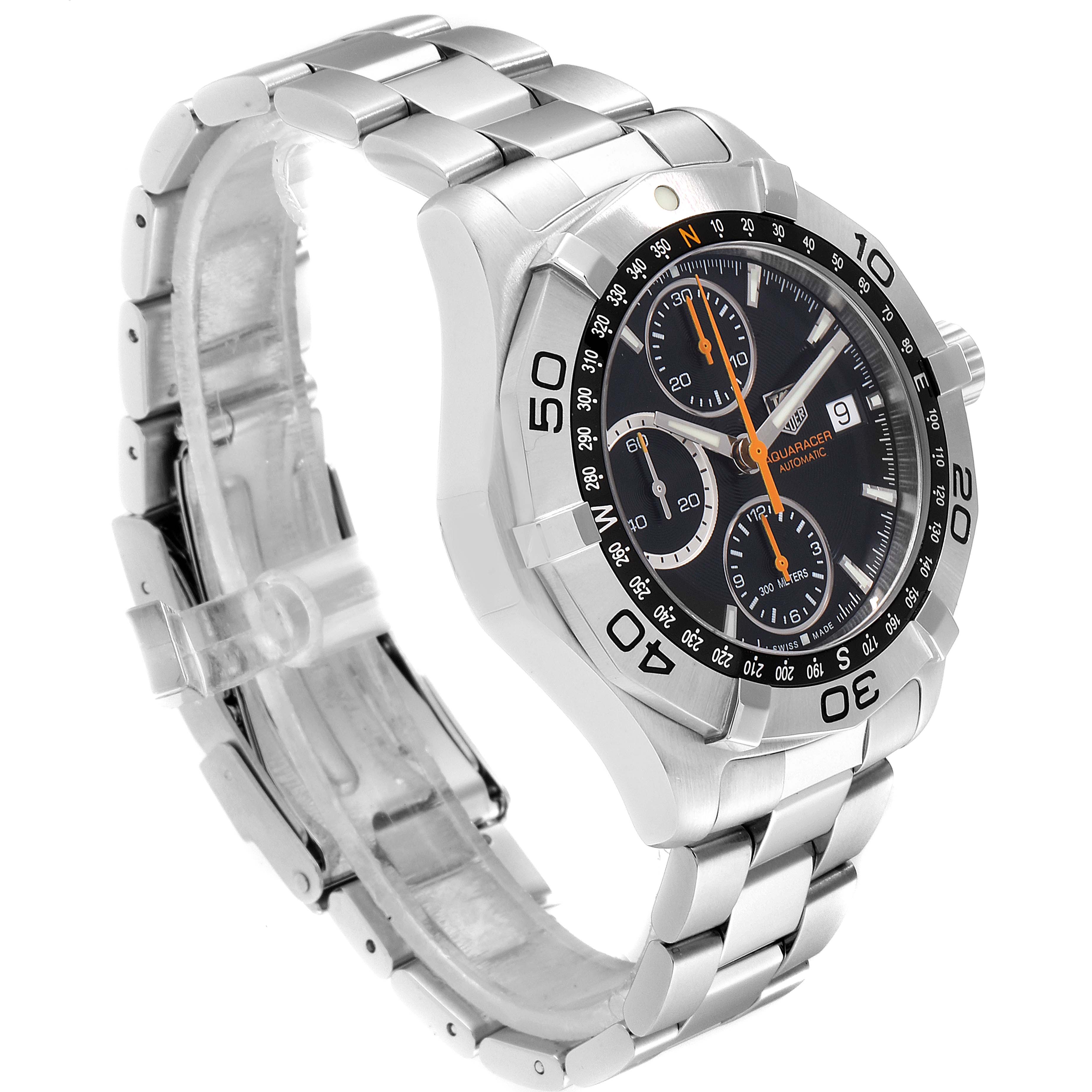 The image shows a side and angled view of the Tag Heuer Aquaracer CAF2113.BA0809 Men's Stainless Steel Black Dial CAF2113.BA0809 Men's Stainless Steel Black Dial watch, displaying the bezel, dial, and metal bracelet.