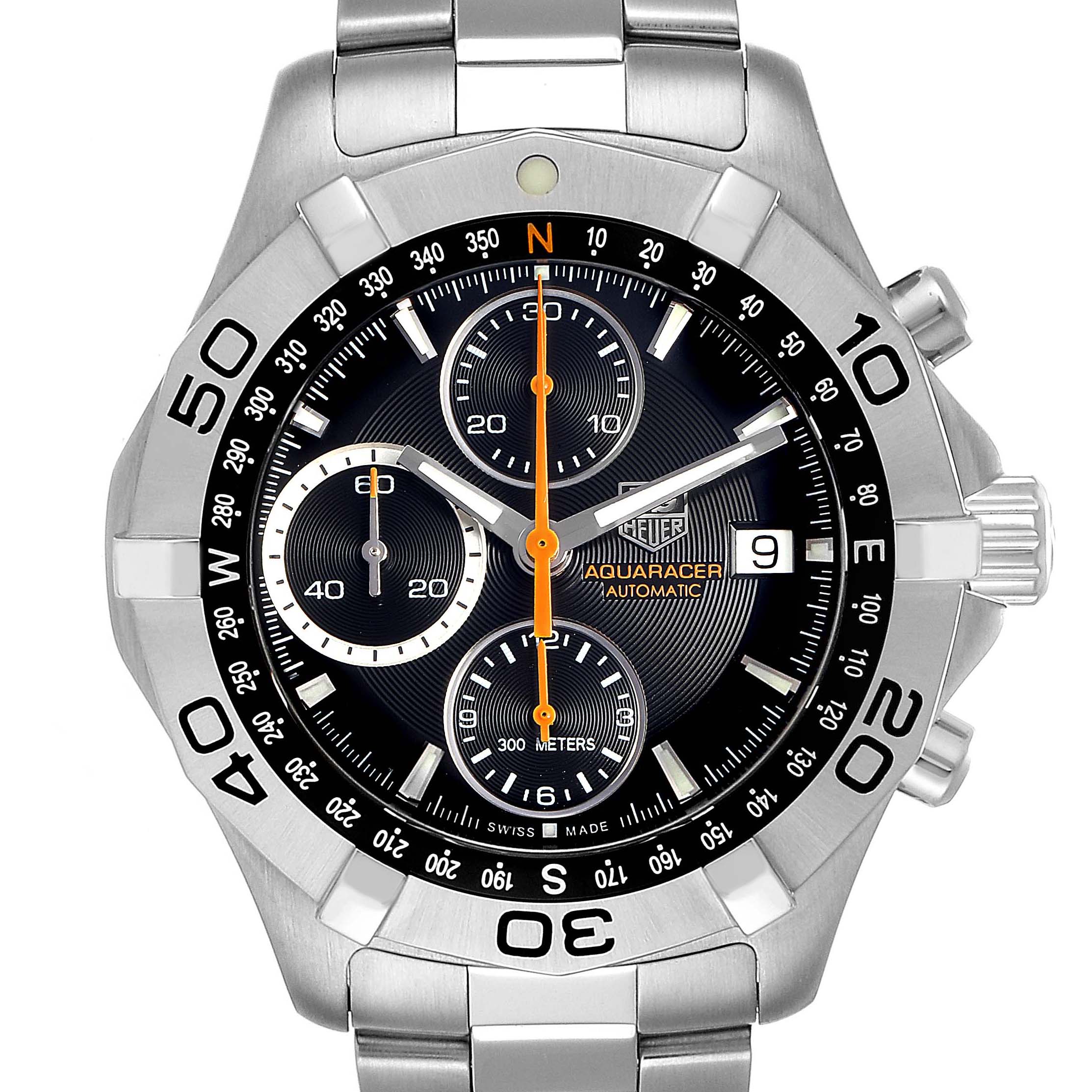 The Tag Heuer Aquaracer CAF2113.BA0809 Men's Stainless Steel Black Dial CAF2113.BA0809 Men's Stainless Steel Black Dial watch is shown from a front angle, displaying its dial, bezel, subdials, and part of its bracelet.