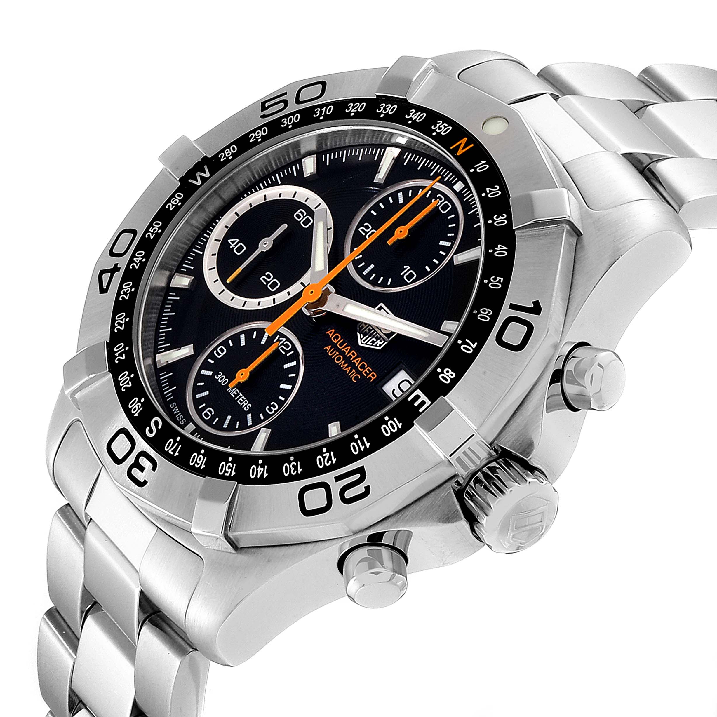 The image shows a Tag Heuer Aquaracer CAF2113.BA0809 Men's Stainless Steel Black Dial CAF2113.BA0809 Men's Stainless Steel Black Dial watch from an angled view, highlighting the bezel, dial, and bracelet.