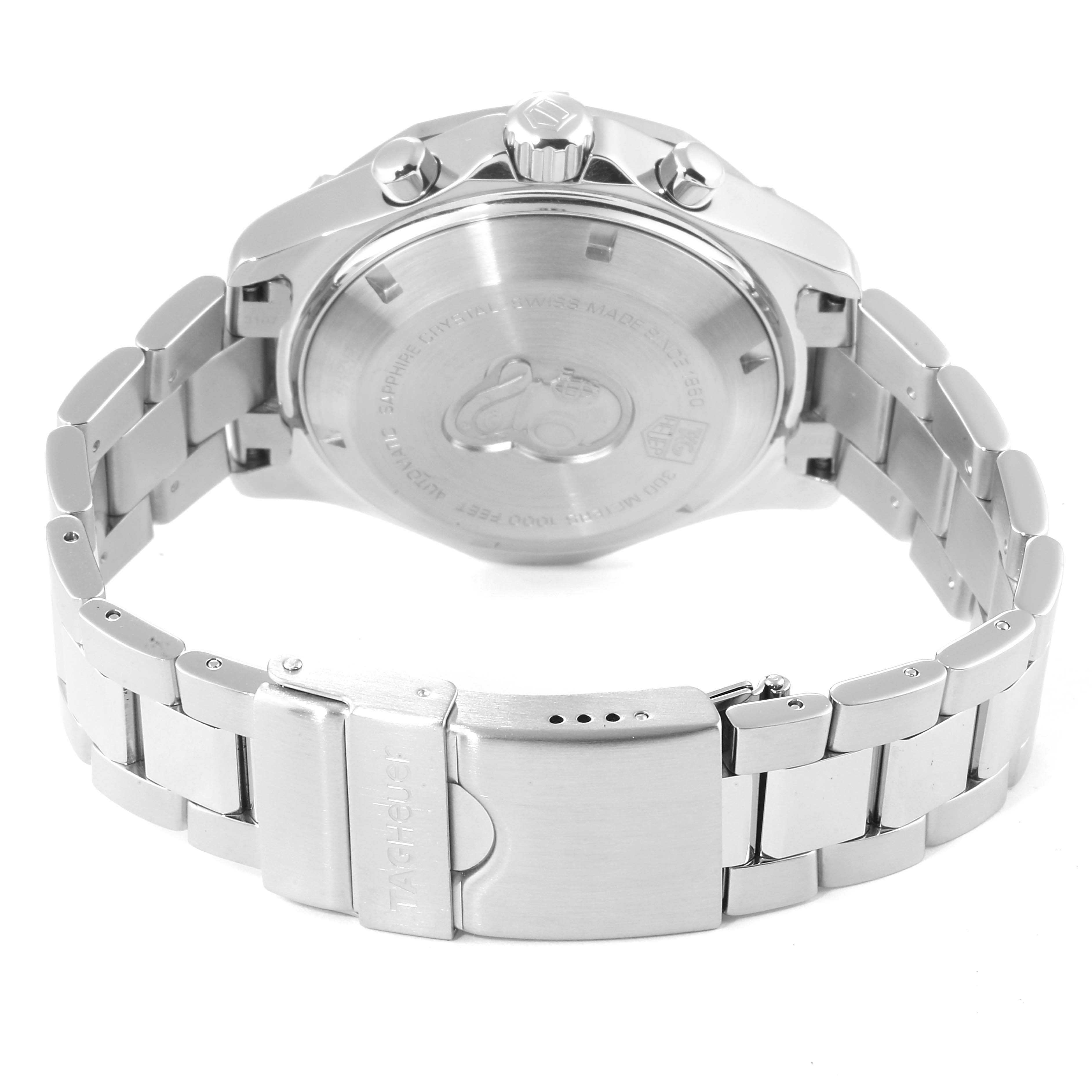 This image shows the back case and bracelet of the Tag Heuer Aquaracer CAF2113.BA0809 Men's Stainless Steel Black Dial CAF2113.BA0809 Men's Stainless Steel Black Dial watch at an angle.