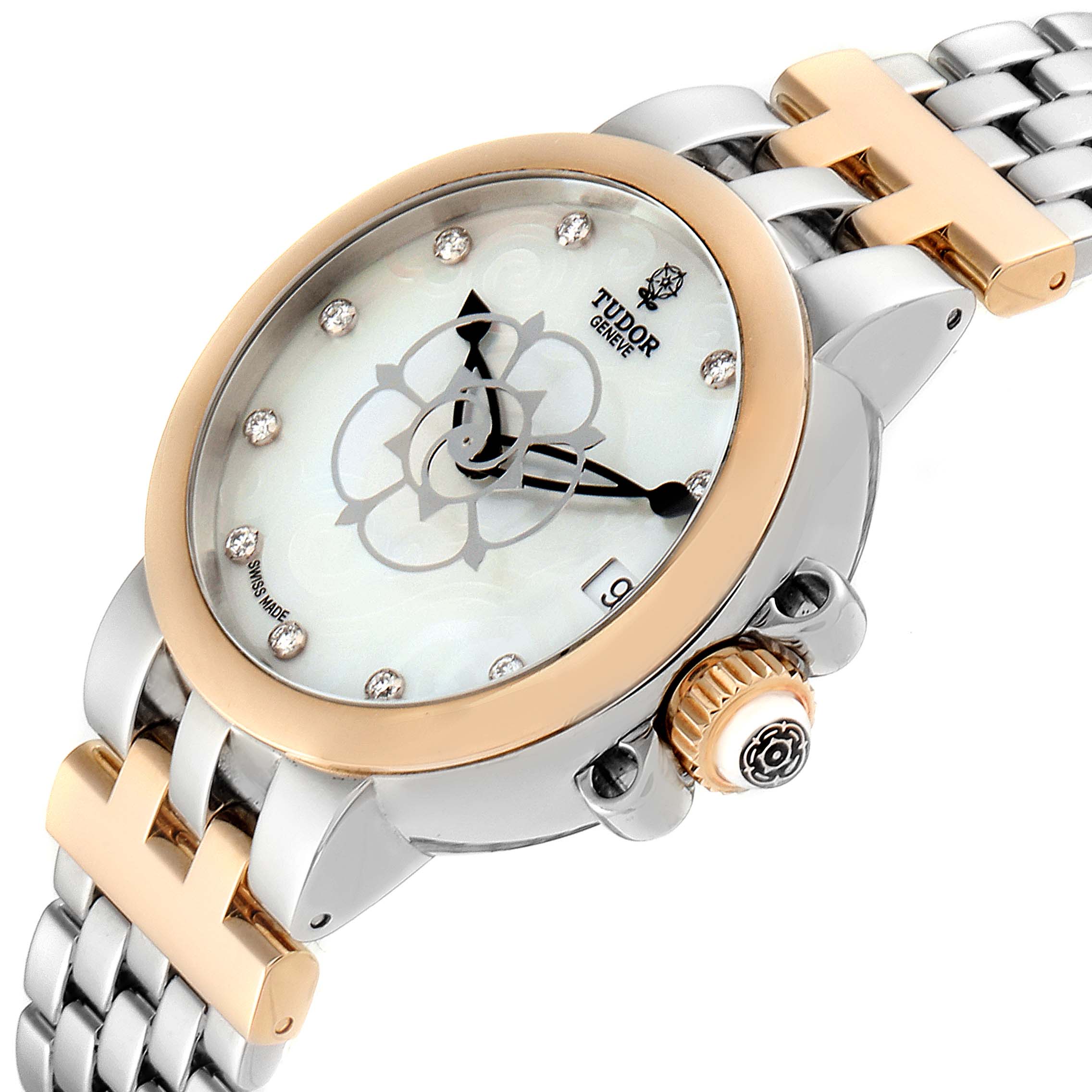 The image shows a close-up, angled view of the dial, bezel, crown, and part of the bracelet of the Tudor Clair de Rose 35701 Women's Steel and Gold (two tone) Mother of Pearl Dial 35701 Women's Steel and Gold (two tone) Mother of Pearl Dial watch.