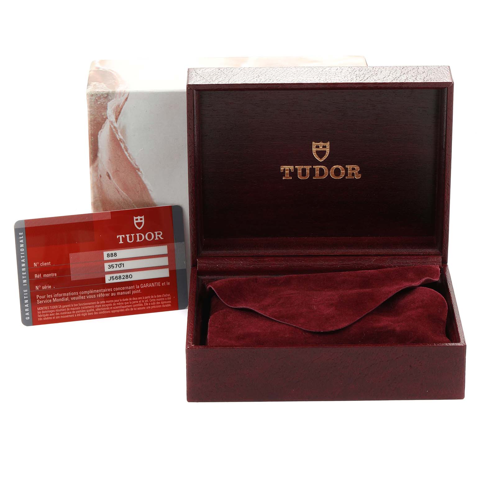 The image shows a Tudor Clair de Rose 35701 Women's Steel and Gold (two tone) Mother of Pearl Dial 35701 Women's Steel and Gold (two tone) Mother of Pearl Dial watch box, warranty card, and outer packaging from a front angle.