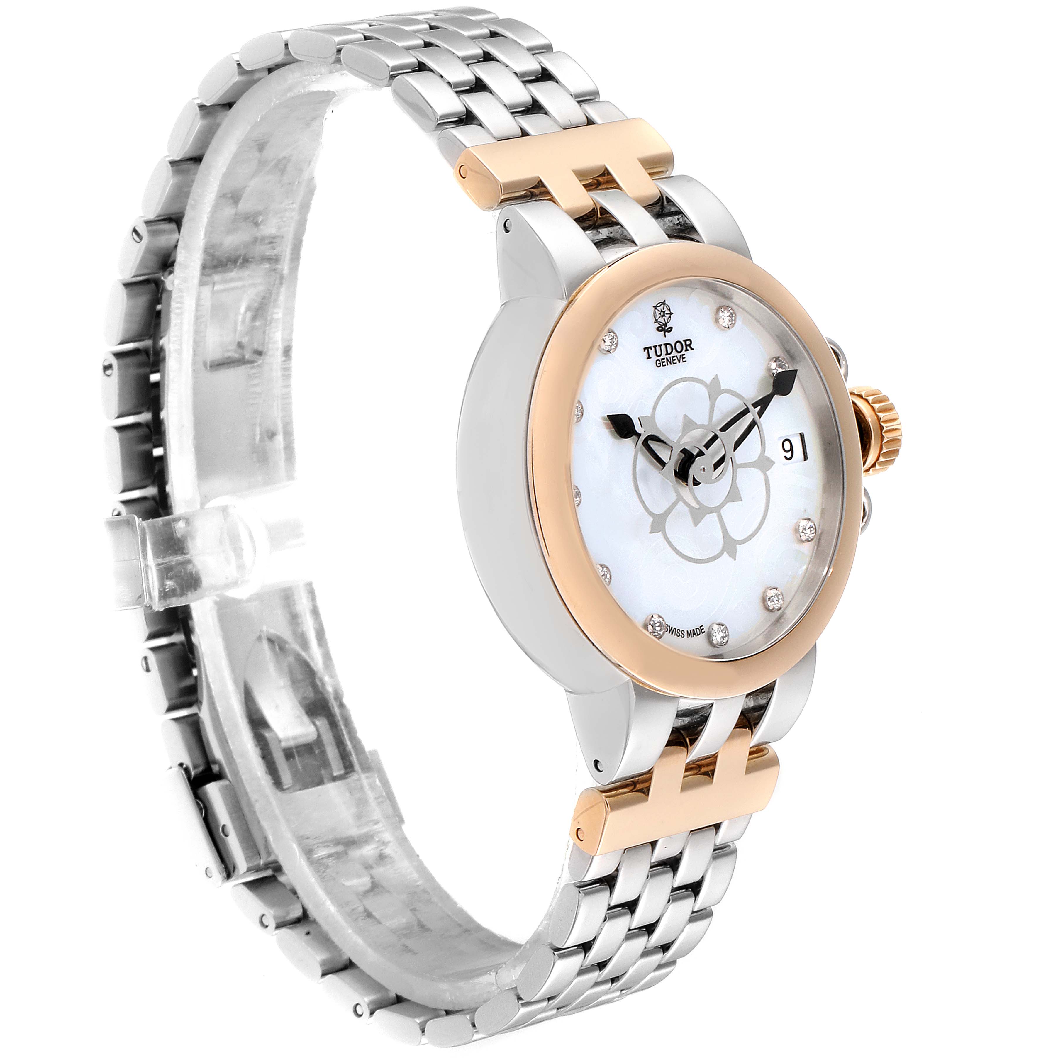The image shows a side-angle view of a Tudor Clair de Rose 35701 Women's Steel and Gold (two tone) Mother of Pearl Dial 35701 Women's Steel and Gold (two tone) Mother of Pearl Dial watch, highlighting its face, bezel, crown, and bracelet.