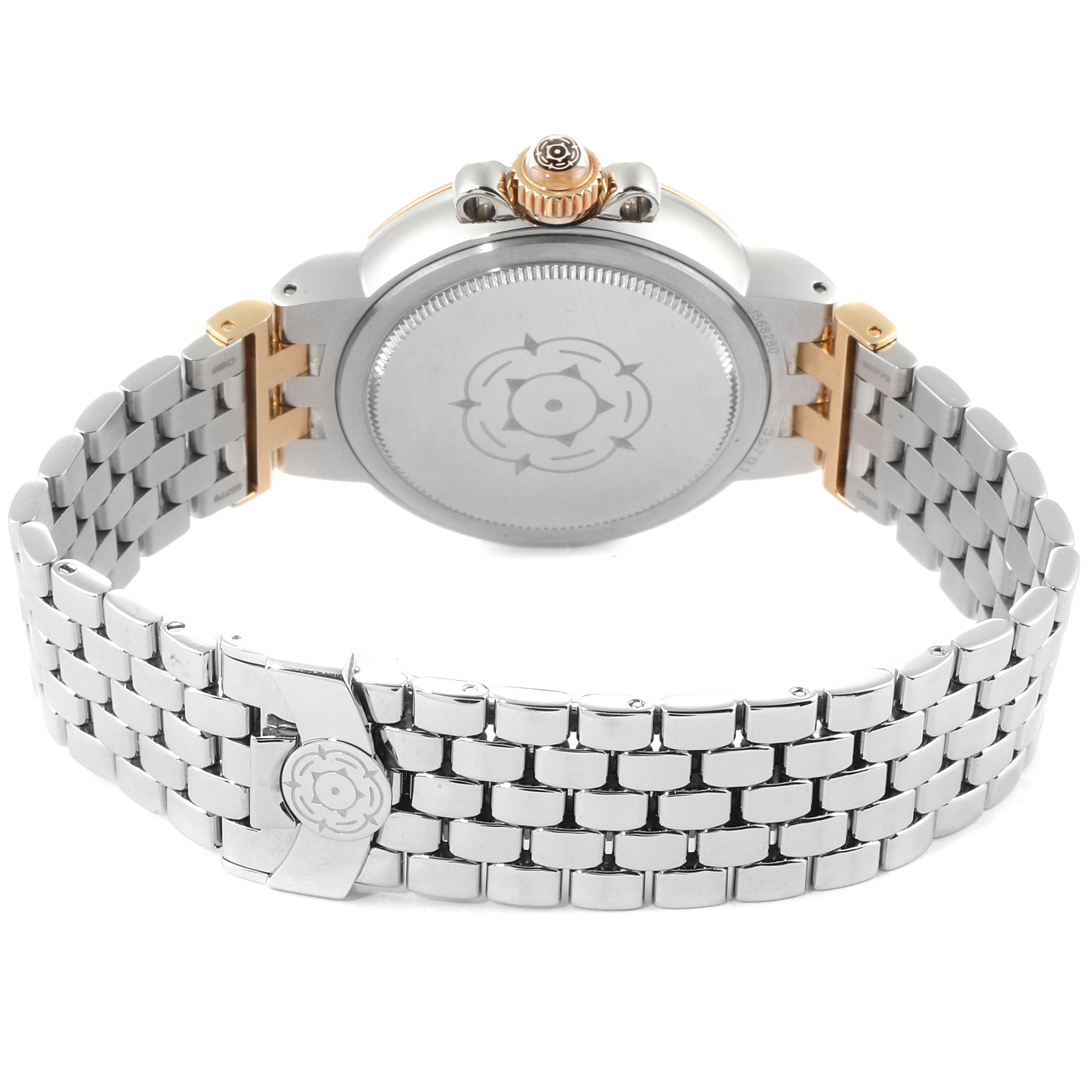 The image shows the back case and bracelet clasp of a Tudor Clair de Rose 35701 Women's Steel and Gold (two tone) Mother of Pearl Dial 35701 Women's Steel and Gold (two tone) Mother of Pearl Dial watch from a rear angle.