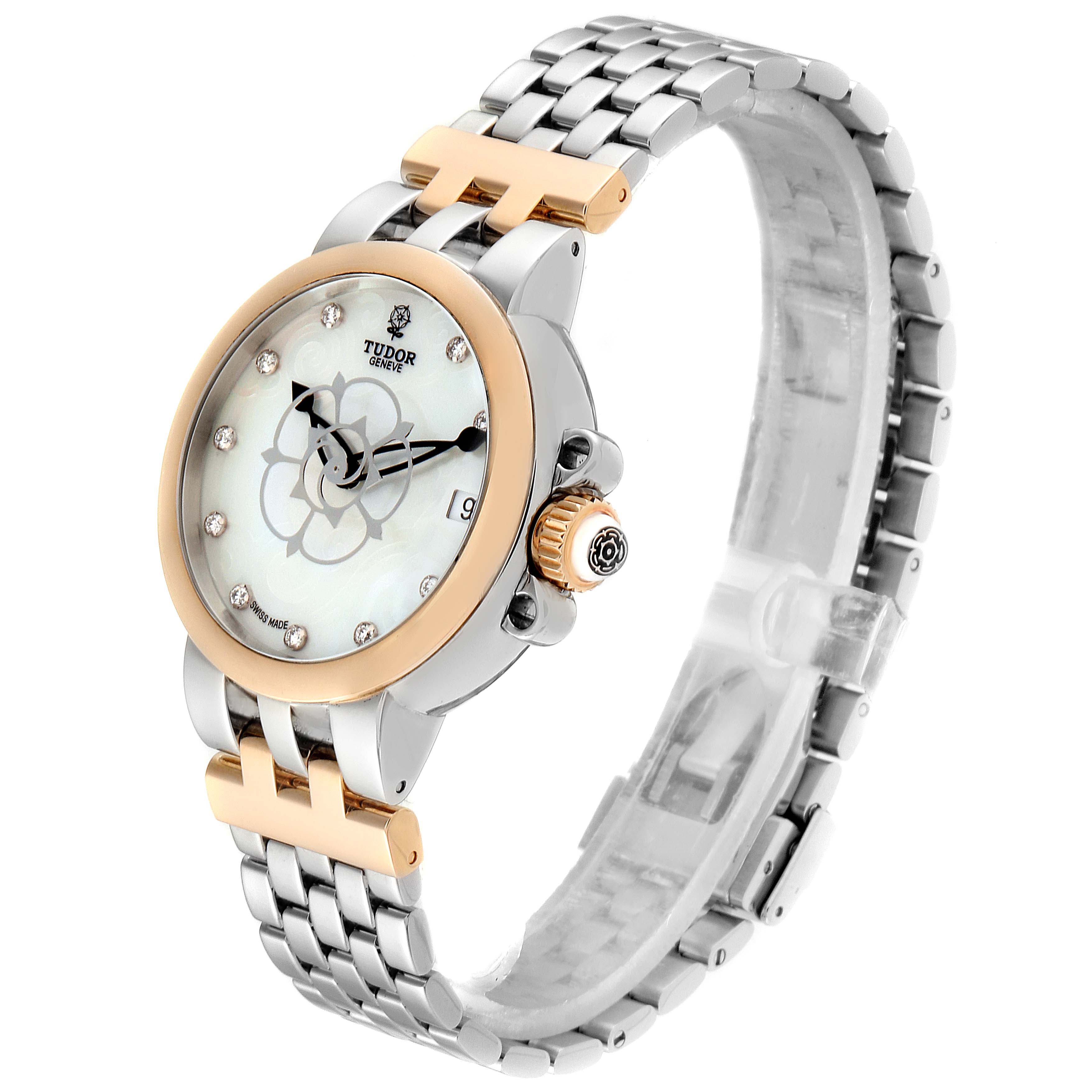 This Tudor Clair de Rose 35701 Women's Steel and Gold (two tone) Mother of Pearl Dial 35701 Women's Steel and Gold (two tone) Mother of Pearl Dial watch is shown at an angle highlighting the face, bracelet, crown, and clasp.
