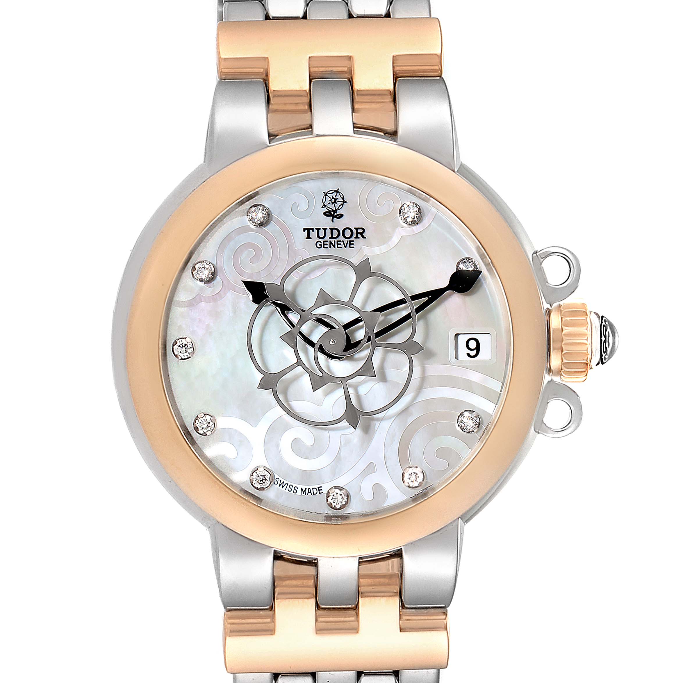 The image shows a front view of the Tudor Clair de Rose 35701 Women's Steel and Gold (two tone) Mother of Pearl Dial 35701 Women's Steel and Gold (two tone) Mother of Pearl Dial watch, highlighting the face, bezel, and partial bracelet.