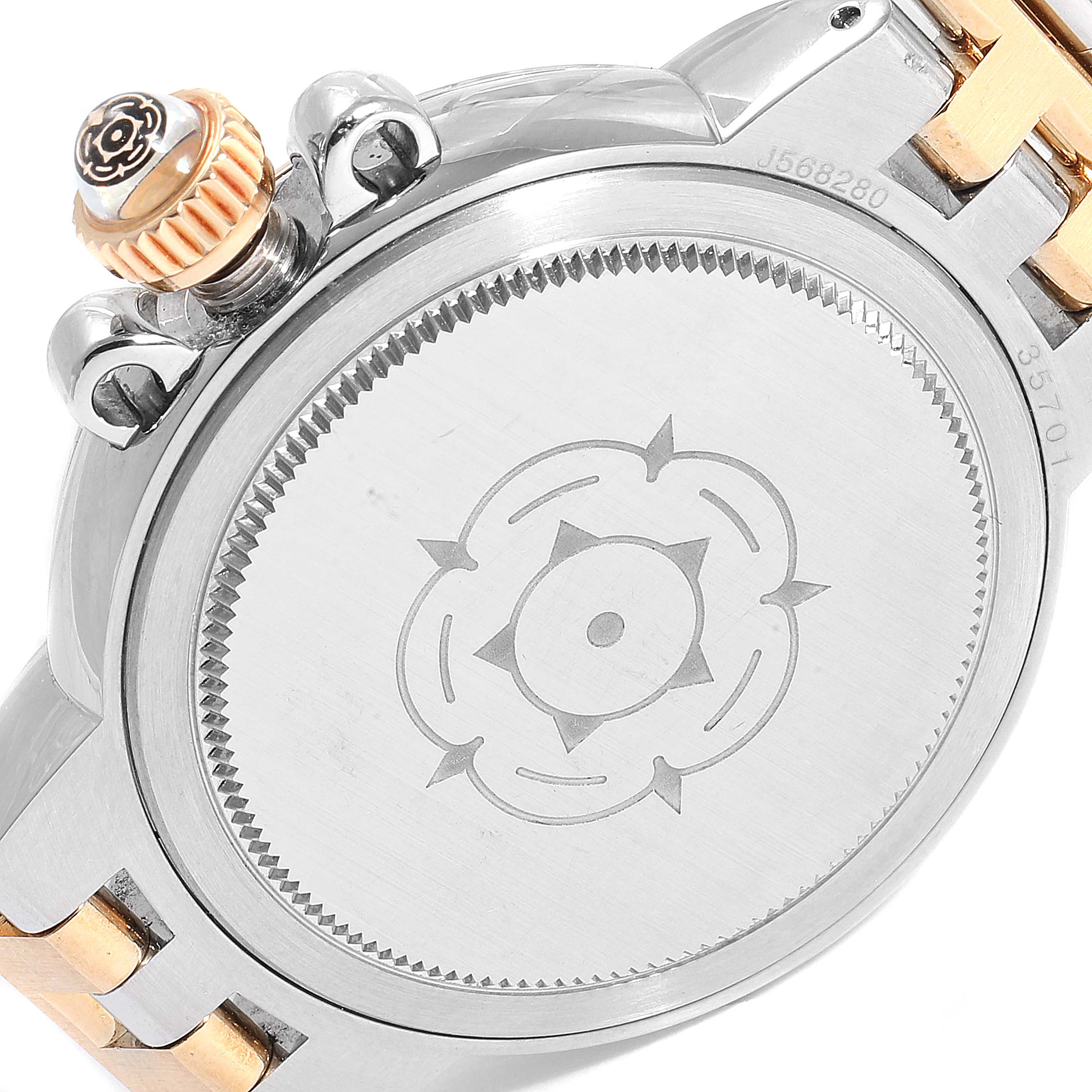 This image shows the back case and part of the bracelet of a Tudor Clair de Rose 35701 Women's Steel and Gold (two tone) Mother of Pearl Dial 35701 Women's Steel and Gold (two tone) Mother of Pearl Dial watch.