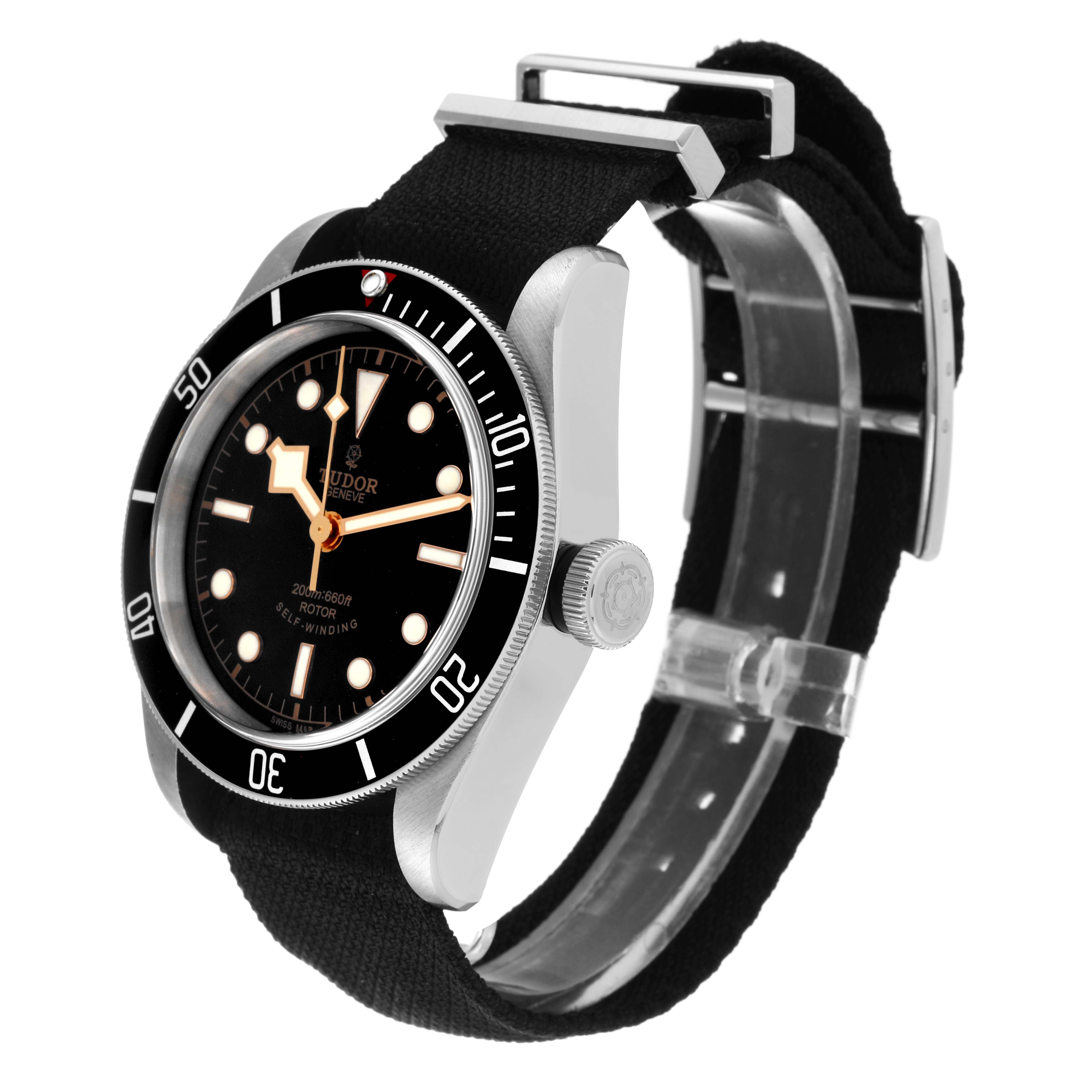 The Tudor Heritage Black Bay 79220 Men
s Stainless Steel Black Dial 79220 Men
s Stainless Steel Black Dial watch is shown at a three-quarter angle highlighting the dial, bezel, and part of the strap.
