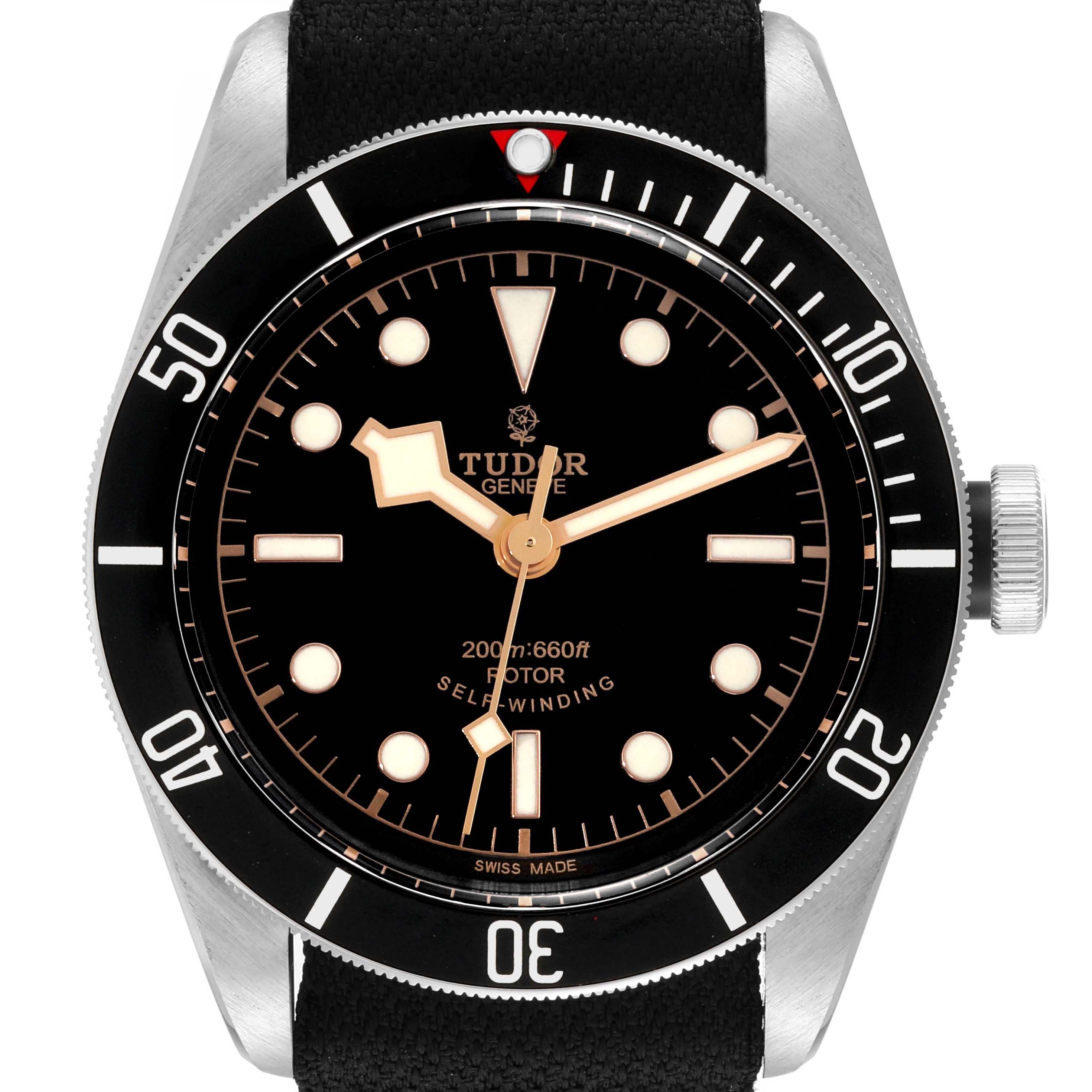 The image shows the Tudor Heritage Black Bay 79220 Men
s Stainless Steel Black Dial 79220 Men
s Stainless Steel Black Dial watch from a front view, highlighting its dial, bezel, crown, and strap.