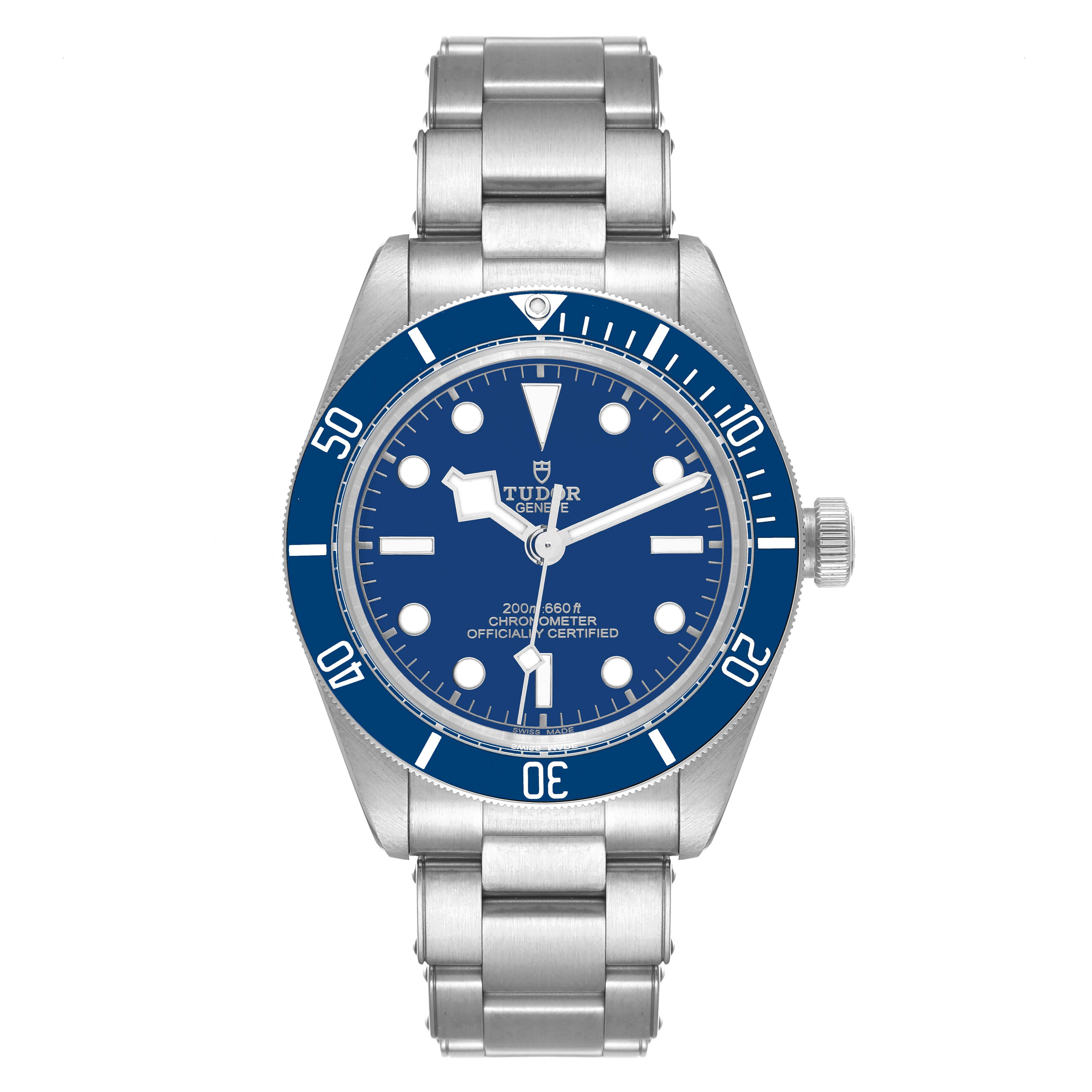 This image shows a front view of the Tudor Heritage Black Bay 79030B Men's Stainless Steel Blue Dial 79030B Men's Stainless Steel Blue Dial with a blue dial and bezel, and a stainless steel bracelet.