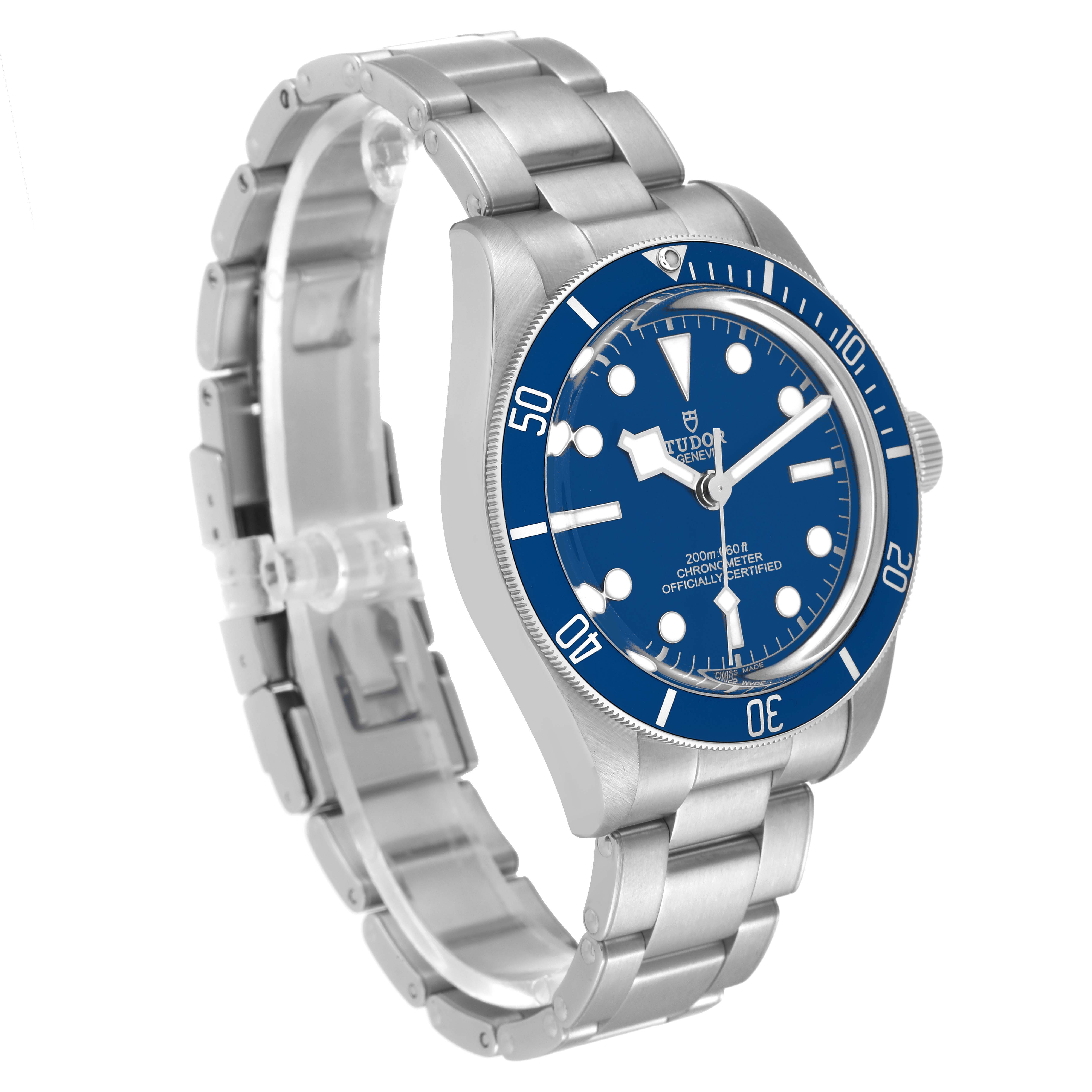 The image shows a Tudor Heritage Black Bay 79030B Men's Stainless Steel Blue Dial 79030B Men's Stainless Steel Blue Dial watch at a slight angle, showcasing the blue dial, bezel, and metal bracelet.