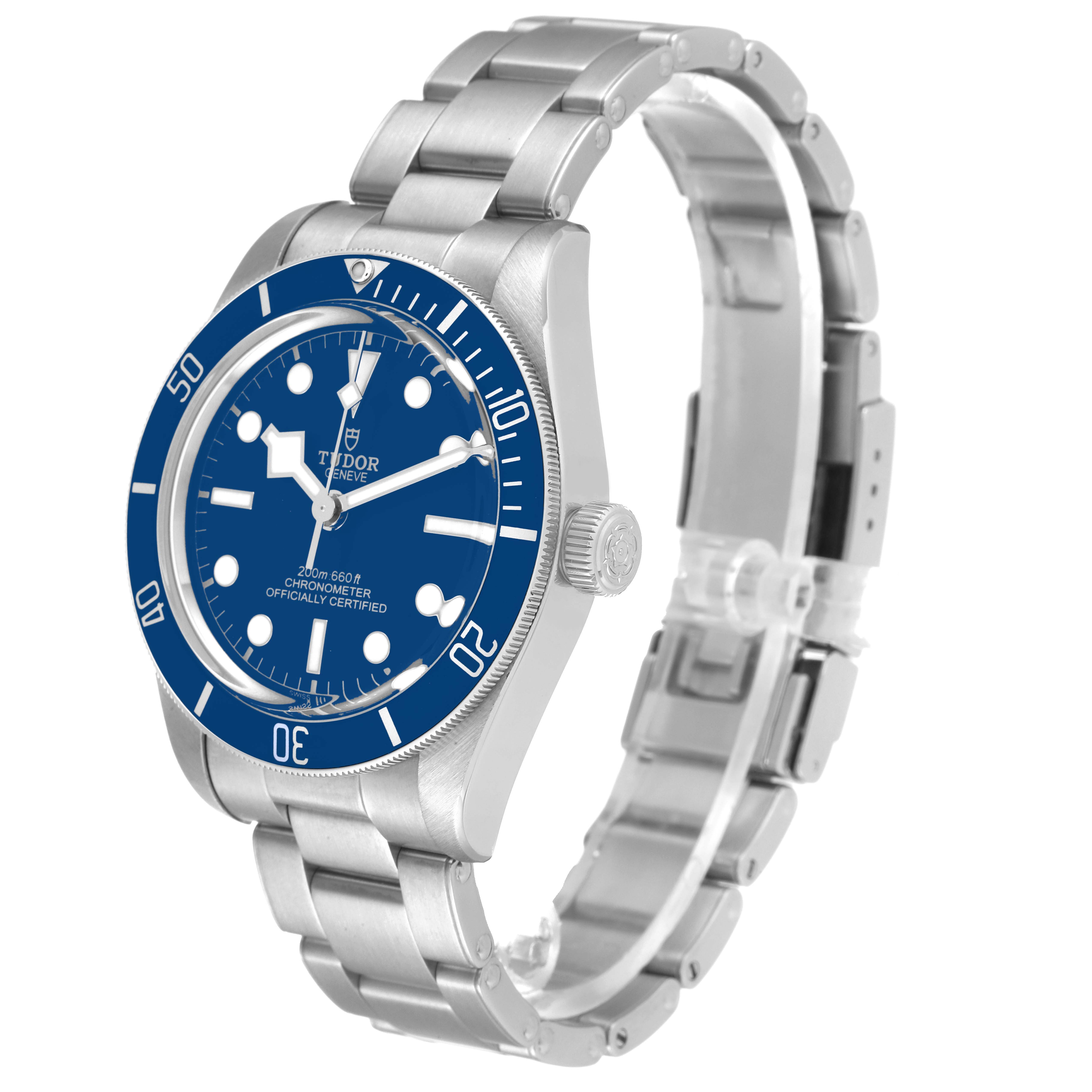 The Tudor Heritage Black Bay 79030B Men's Stainless Steel Blue Dial 79030B Men's Stainless Steel Blue Dial watch is shown at an angle displaying the dial, crown, and bracelet.