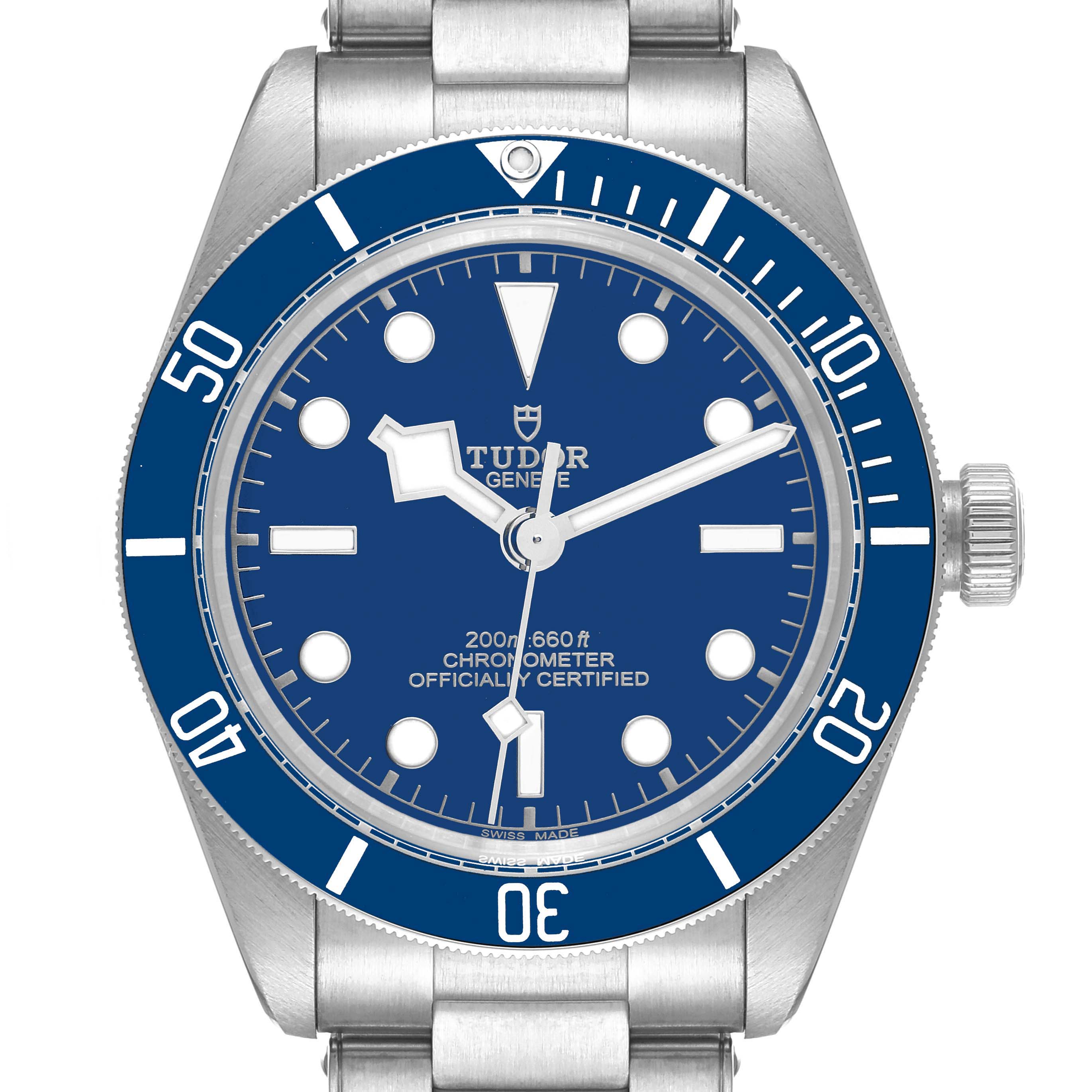 The image shows a head-on view of the Tudor Heritage Black Bay 79030B Men's Stainless Steel Blue Dial 79030B Men's Stainless Steel Blue Dial watch, highlighting the dial, bezel, and part of the bracelet.