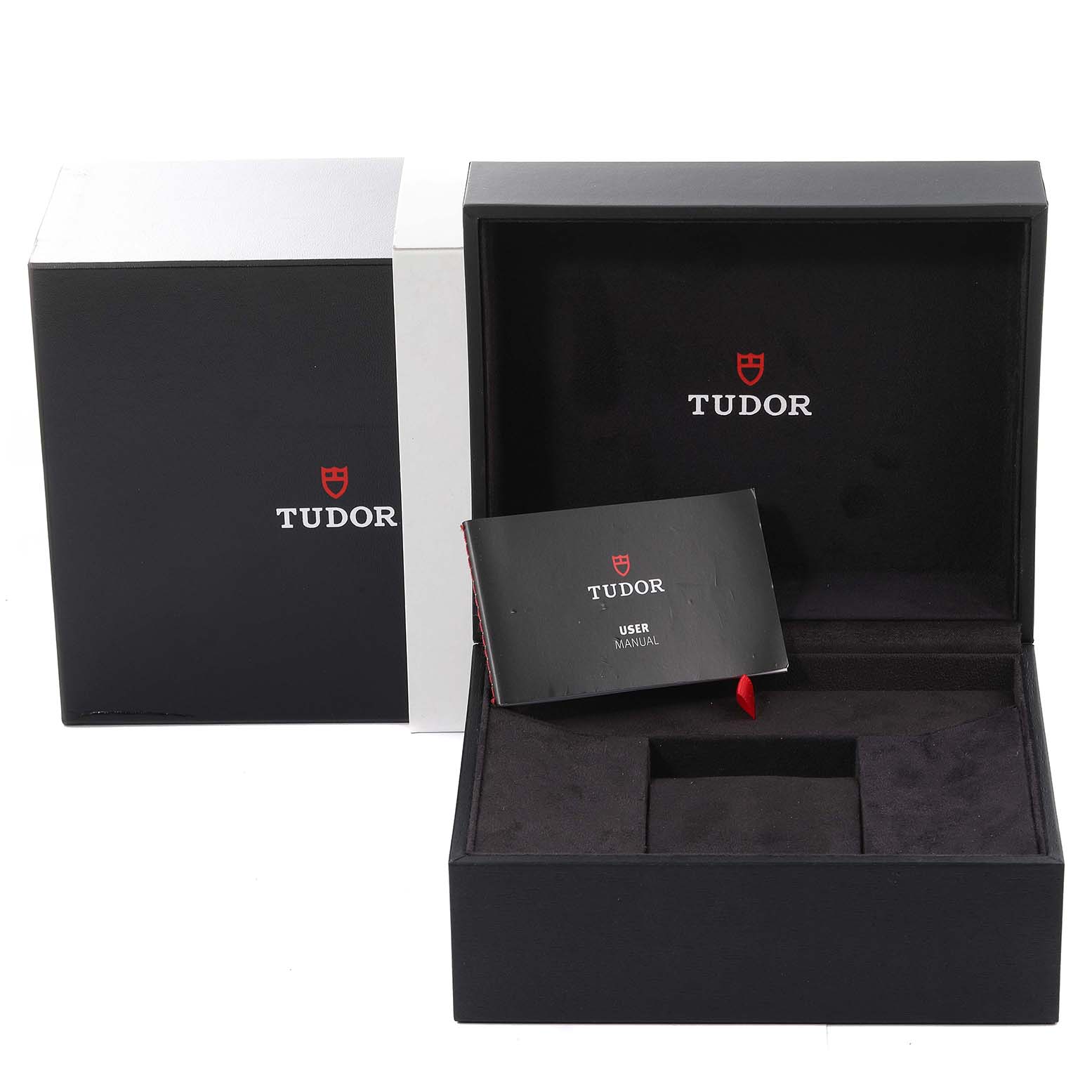 The image shows the Tudor Heritage Black Bay 79030B Men's Stainless Steel Blue Dial 79030B Men's Stainless Steel Blue Dial watch box, user manual, and interior cushion from a front angle.