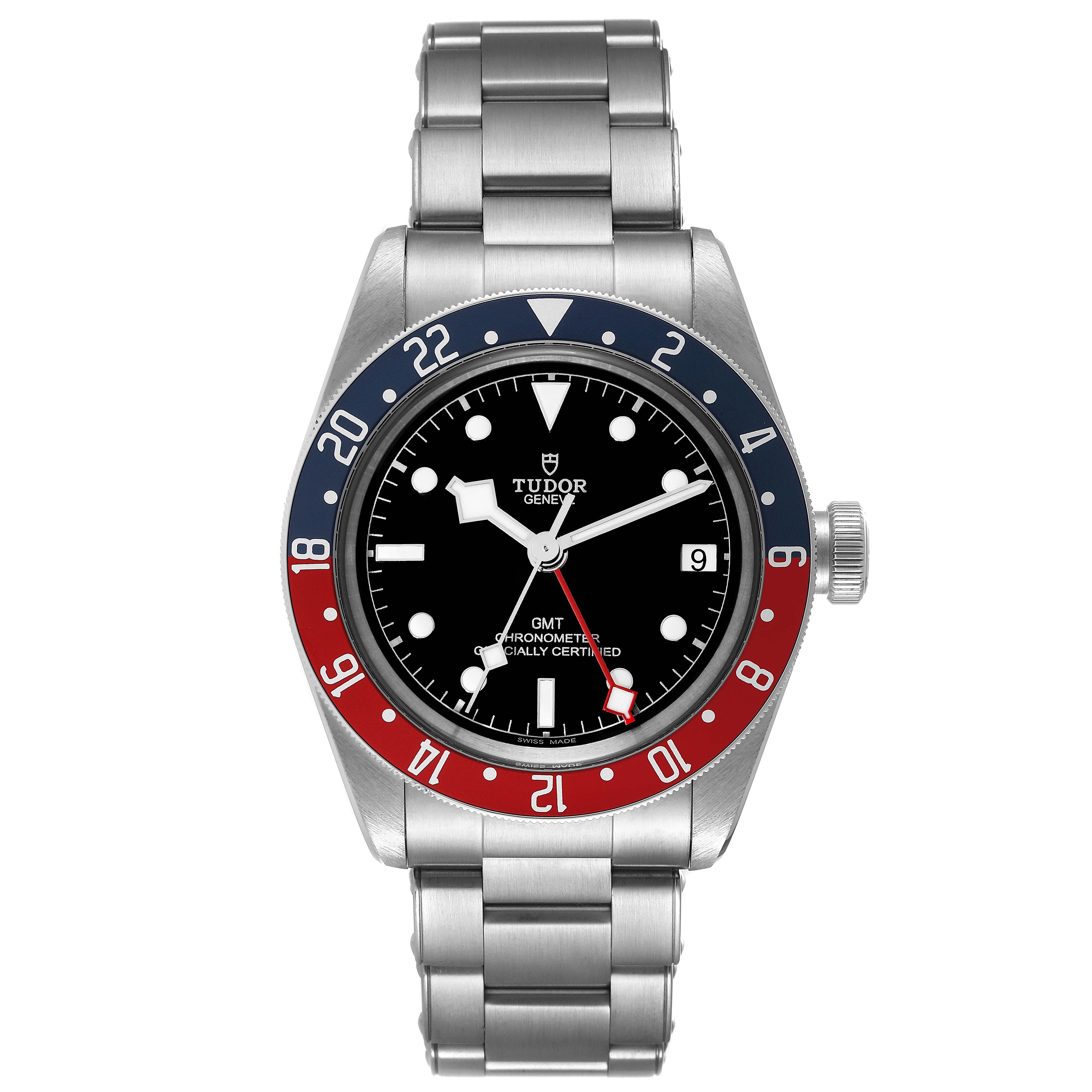 This image shows a front view of a Tudor Heritage Black Bay 79830RB Men
s Stainless Steel Black Dial 79830RB Men
s Stainless Steel Black Dial GMT watch with a stainless steel bracelet and a red-blue bezel.