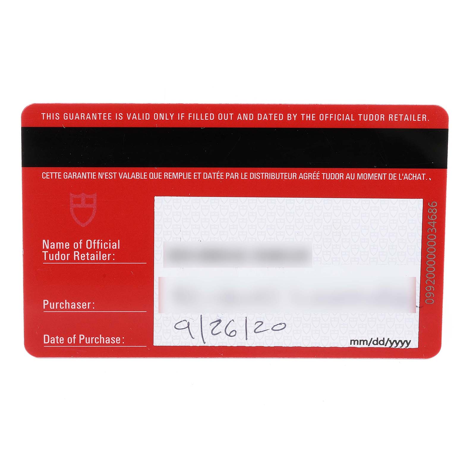 This image shows a guarantee card for the Tudor Heritage Black Bay 79830RB Men
s Stainless Steel Black Dial 79830RB Men
s Stainless Steel Black Dial model, featuring purchase details and retailer information.