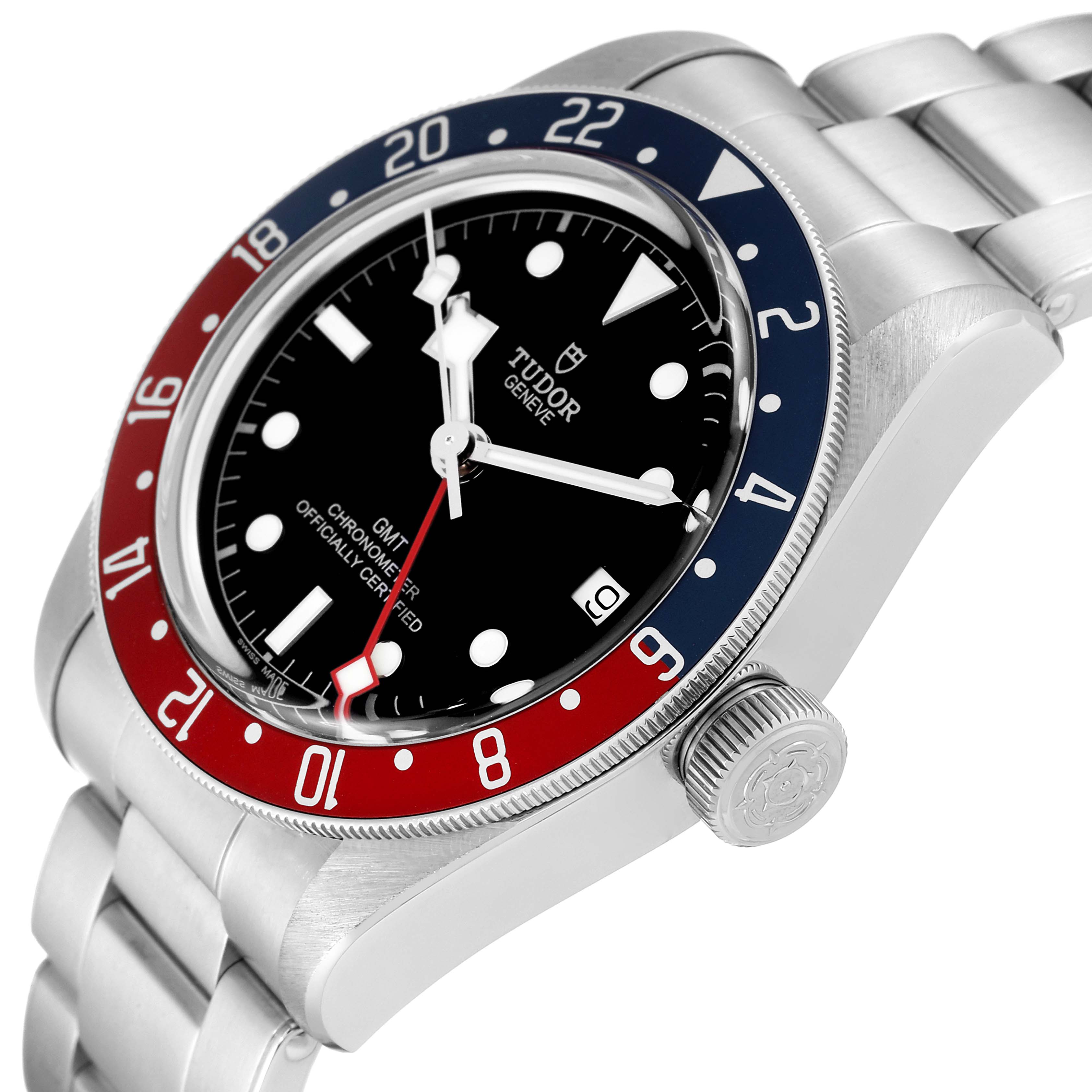 The image shows a Tudor Heritage Black Bay 79830RB Men
s Stainless Steel Black Dial 79830RB Men
s Stainless Steel Black Dial watch at a slight side angle, highlighting the watch face, bezel, crown, and part of the bracelet.