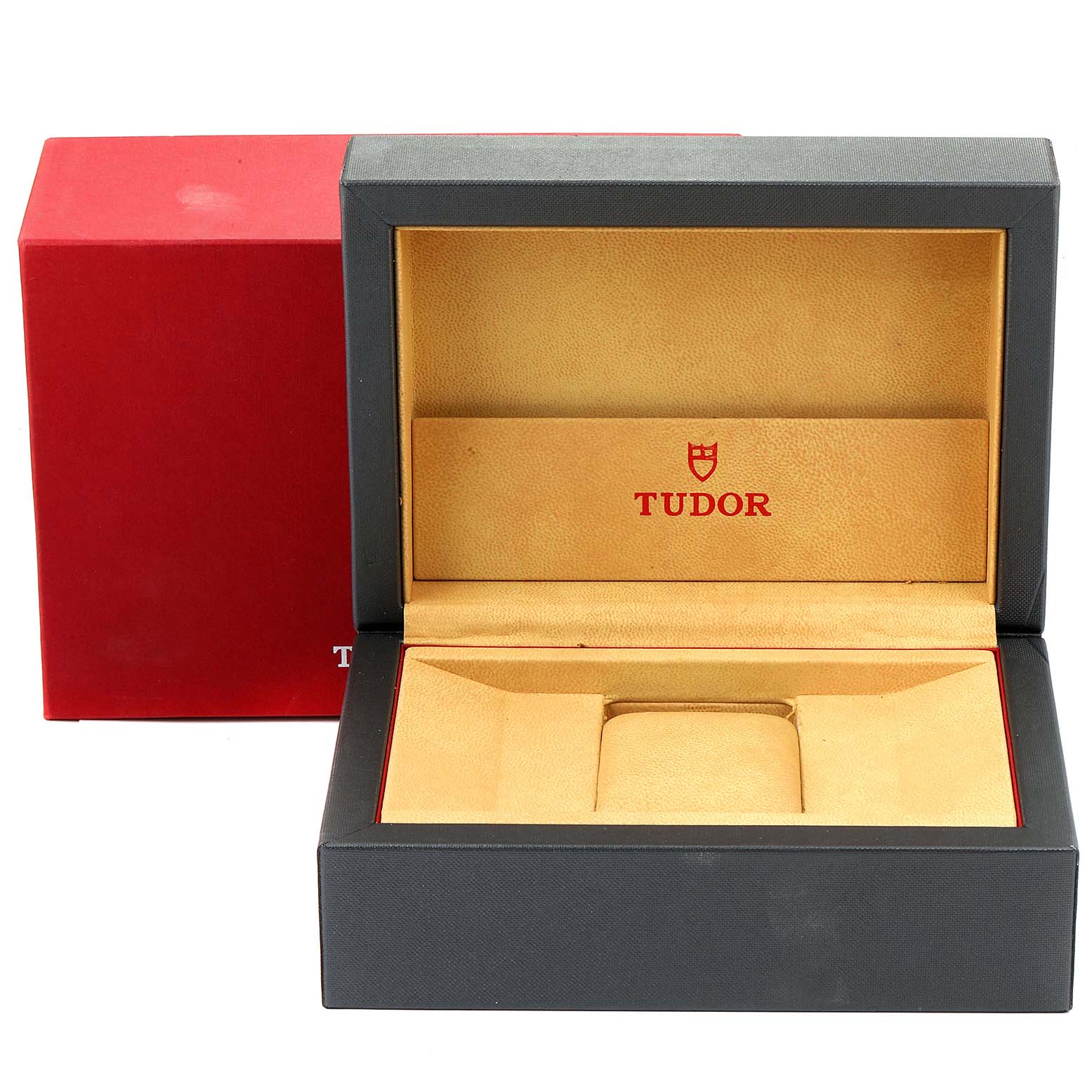 This image shows a Tudor Monarch 79180 Men
s Stainless Steel Black Dial 79180 Men
s Stainless Steel Black Dial watch box, opened at the front angle, with Tudor branding visible inside.