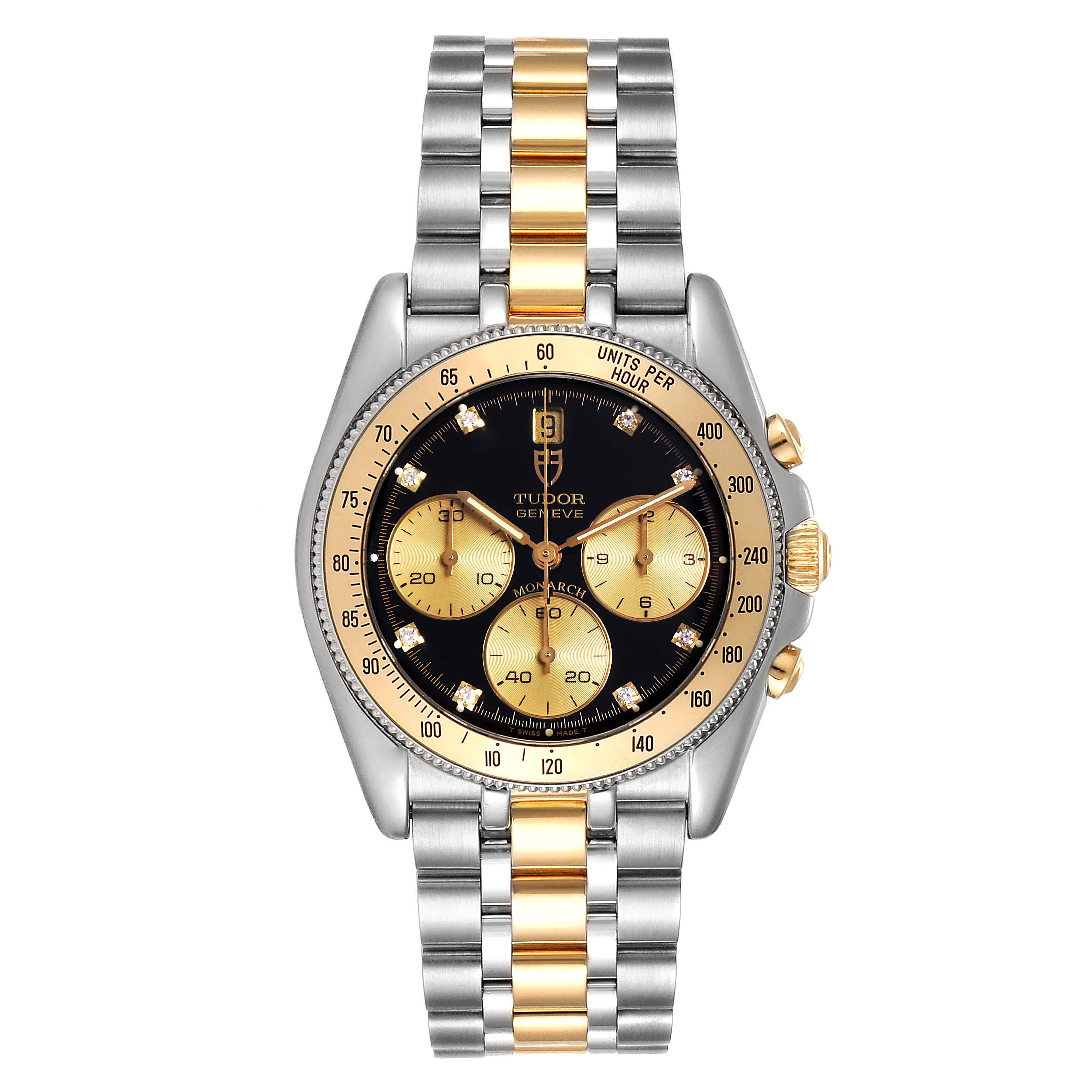 The image shows a front view of the Tudor Monarch 79180 Men
s Stainless Steel Black Dial 79180 Men
s Stainless Steel Black Dial watch, highlighting its bezel, dial, and two-tone bracelet.