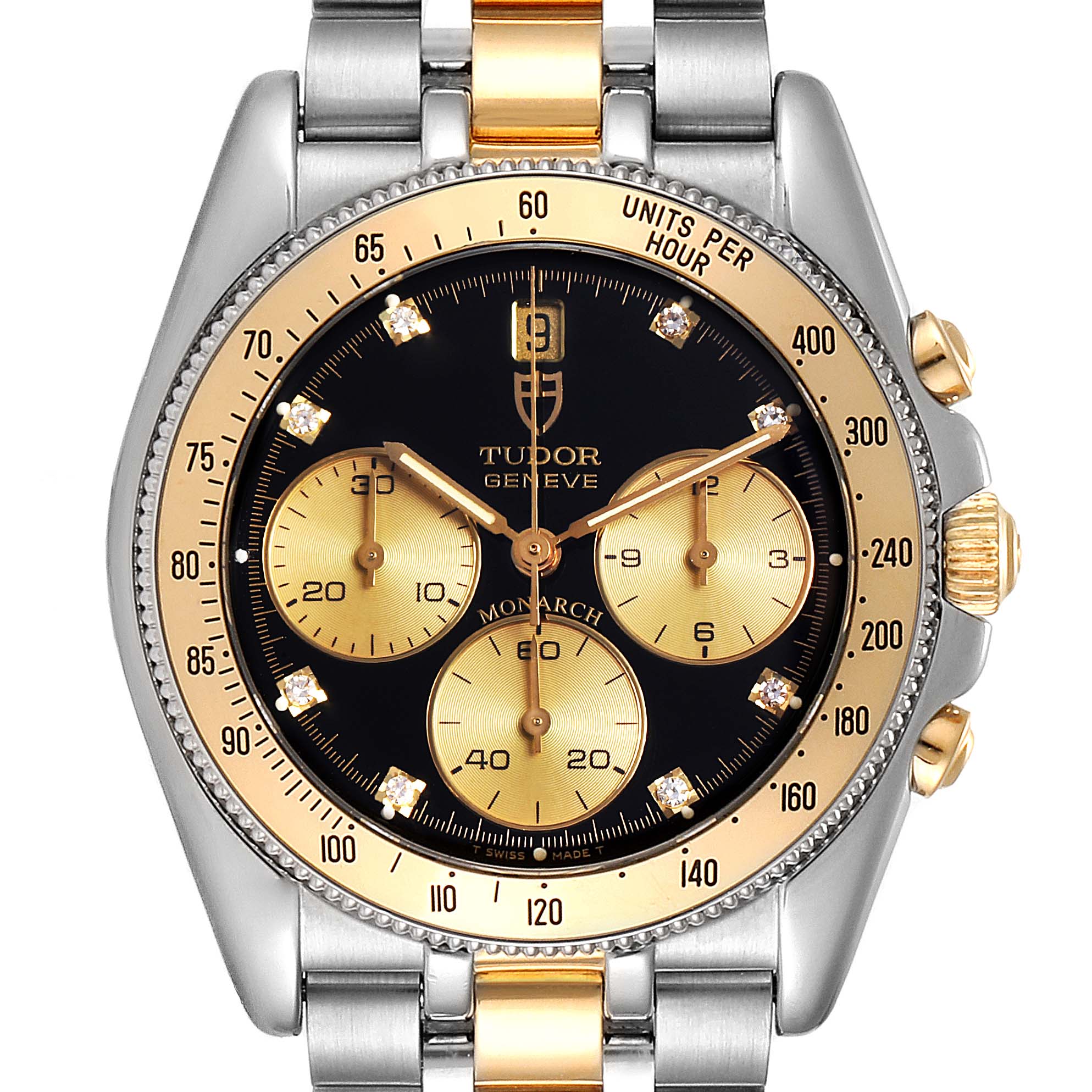 The image shows a front view of a Tudor Monarch 79180 Men
s Stainless Steel Black Dial 79180 Men
s Stainless Steel Black Dial model watch, highlighting its dial, bezel, and bracelet.