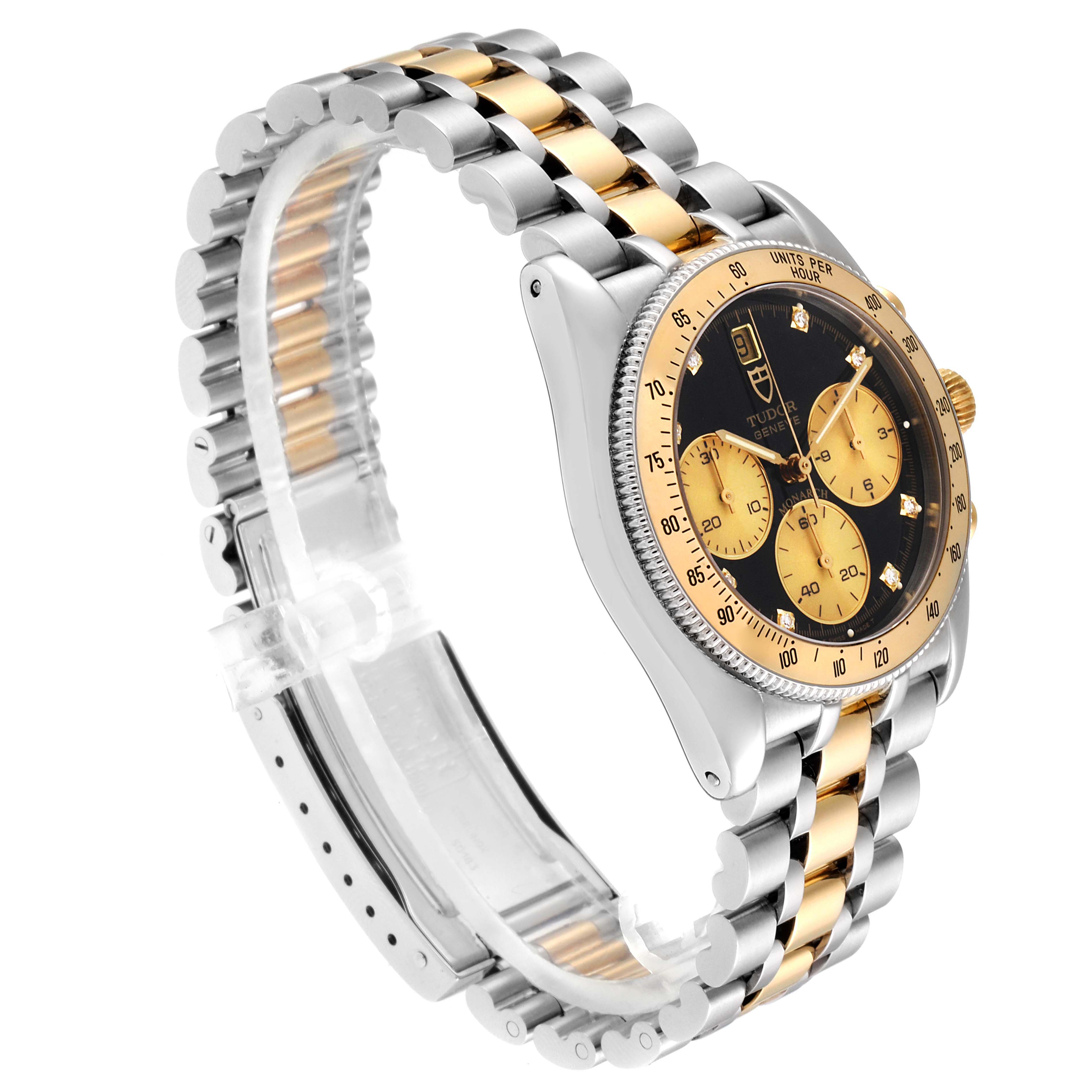 The Tudor Monarch 79180 Men
s Stainless Steel Black Dial 79180 Men
s Stainless Steel Black Dial watch is shown at a three-quarter angle, highlighting its two-tone bracelet and black-and-gold dial.