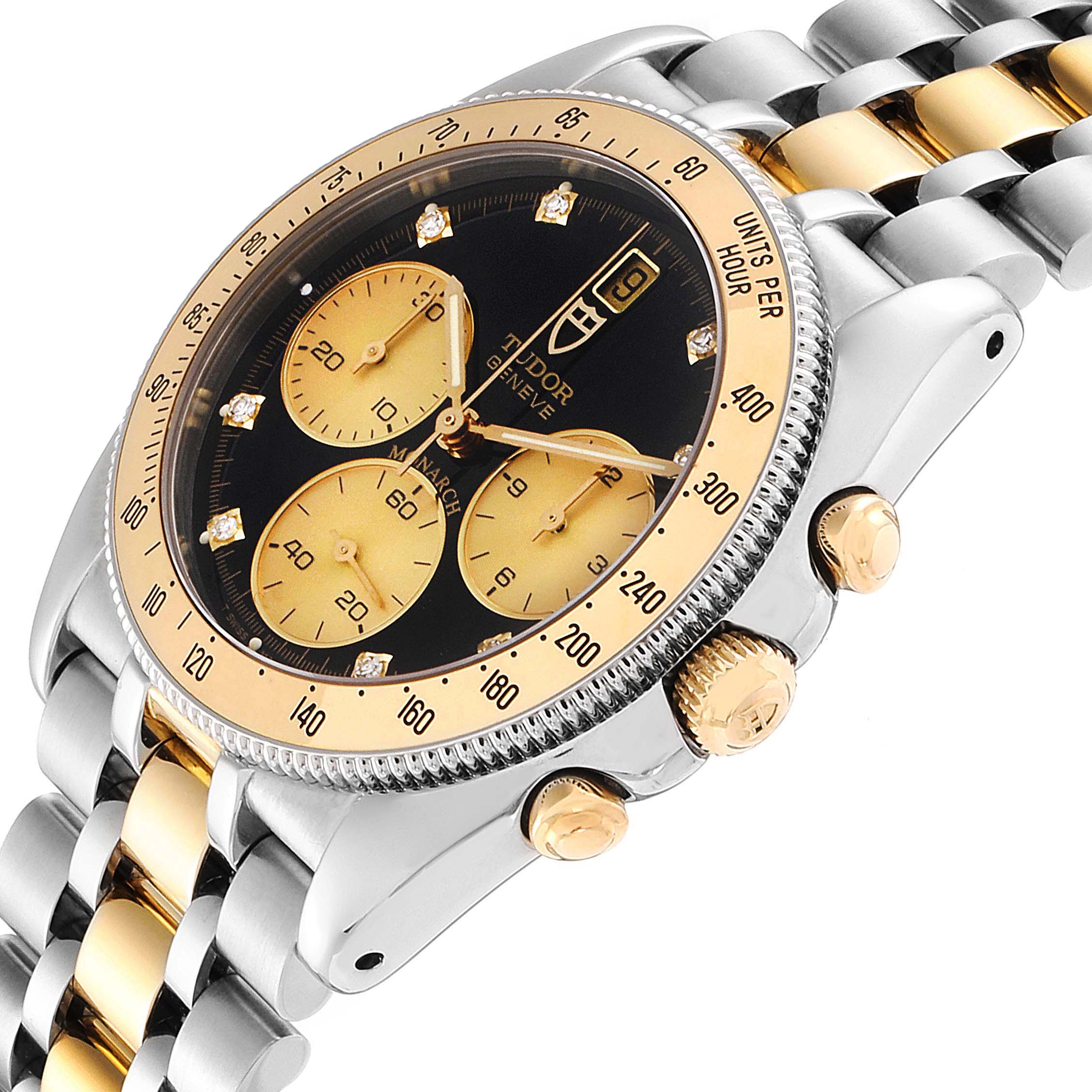 The image shows a Tudor Monarch 79180 Men
s Stainless Steel Black Dial 79180 Men
s Stainless Steel Black Dial watch at an angle, highlighting its black and gold dial, bezel, and two-tone bracelet.