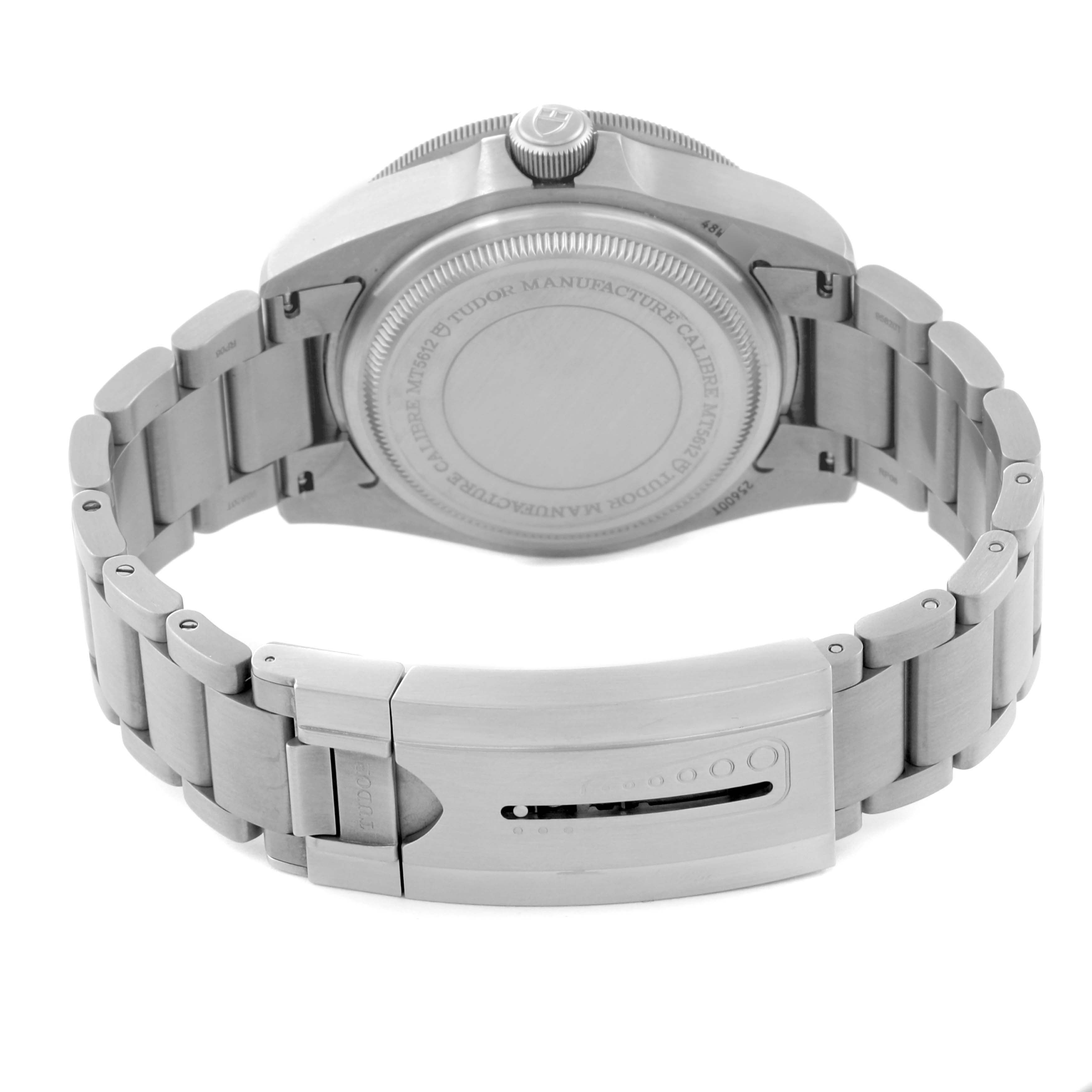 The image shows the back case and clasp of a Tudor Pelagos 25600TB Men's Titanium Blue Dial 25600TB Men's Titanium Blue Dial watch, highlighting its stainless steel bracelet.