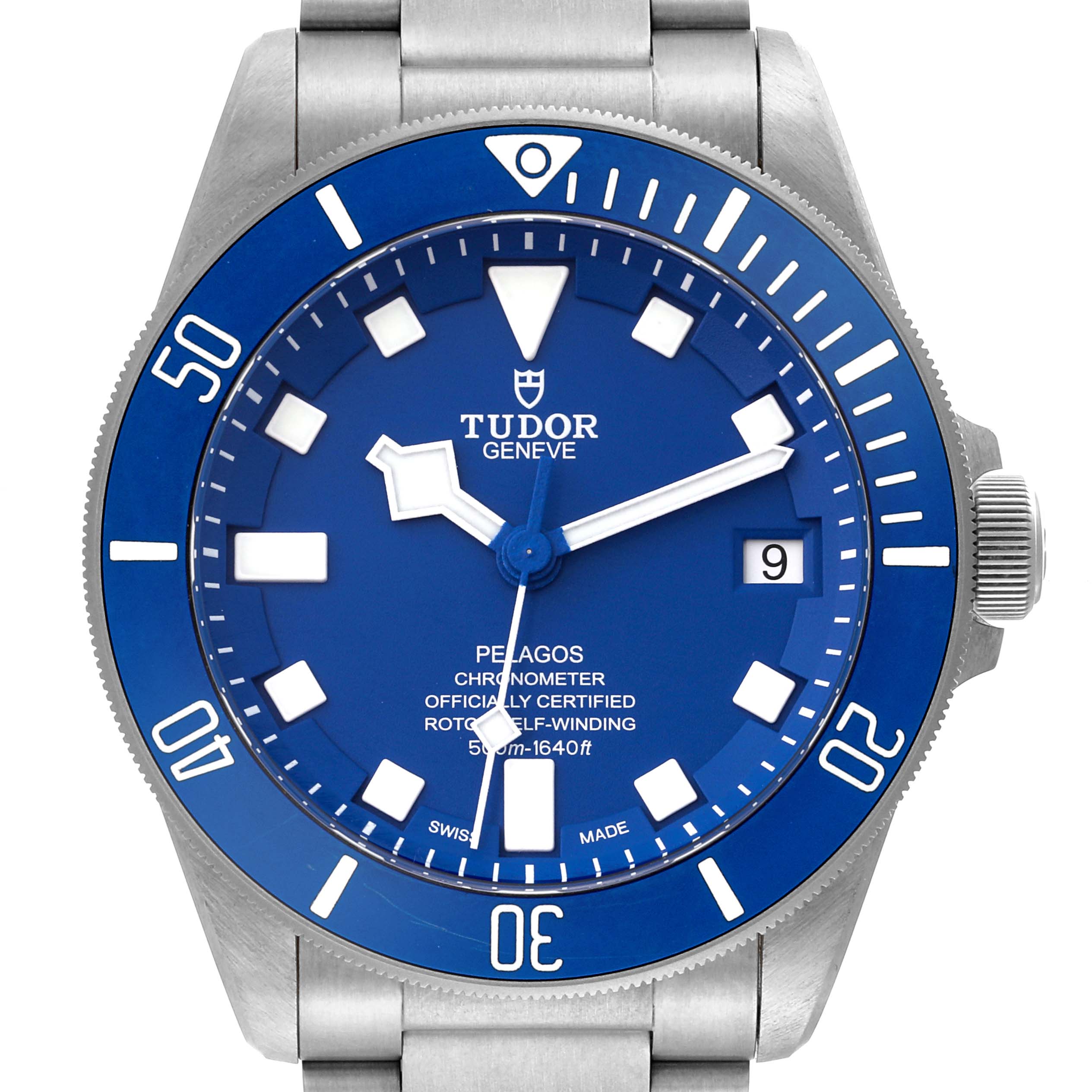 This image shows a front view of the Tudor Pelagos 25600TB Men's Titanium Blue Dial 25600TB Men's Titanium Blue Dial watch face, showcasing its blue dial, date display, and stainless steel bracelet.