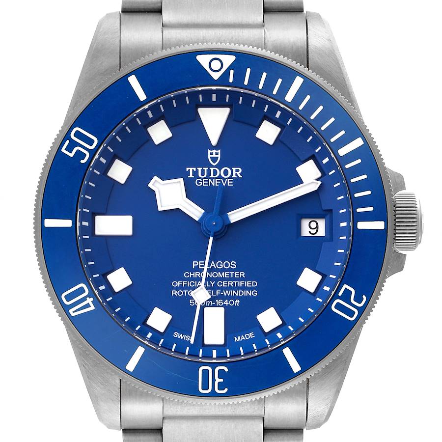 This image shows a front view of the Tudor Pelagos watch face, showcasing its blue dial, date display, and stainless steel bracelet.