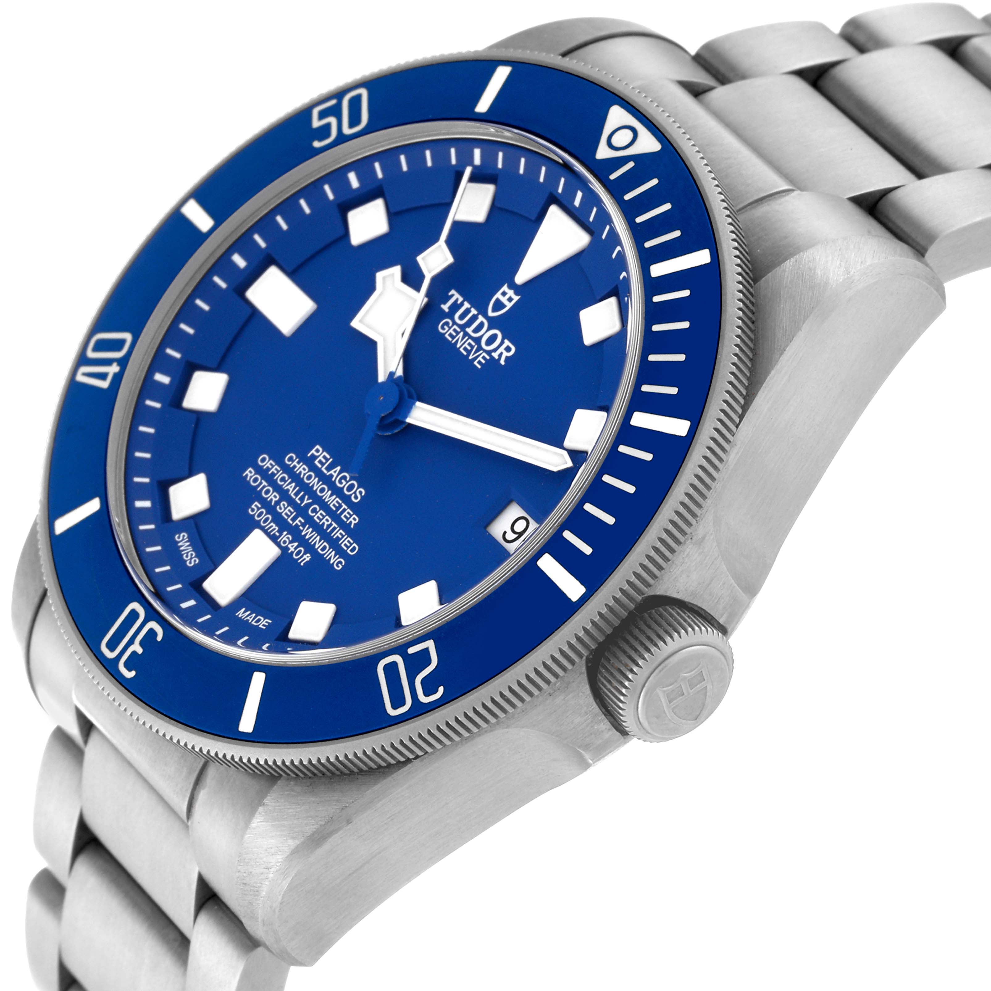 The Tudor Pelagos 25600TB Men's Titanium Blue Dial 25600TB Men's Titanium Blue Dial watch is shown in a front-side angle highlighting the dial, bezel, and part of the bracelet.