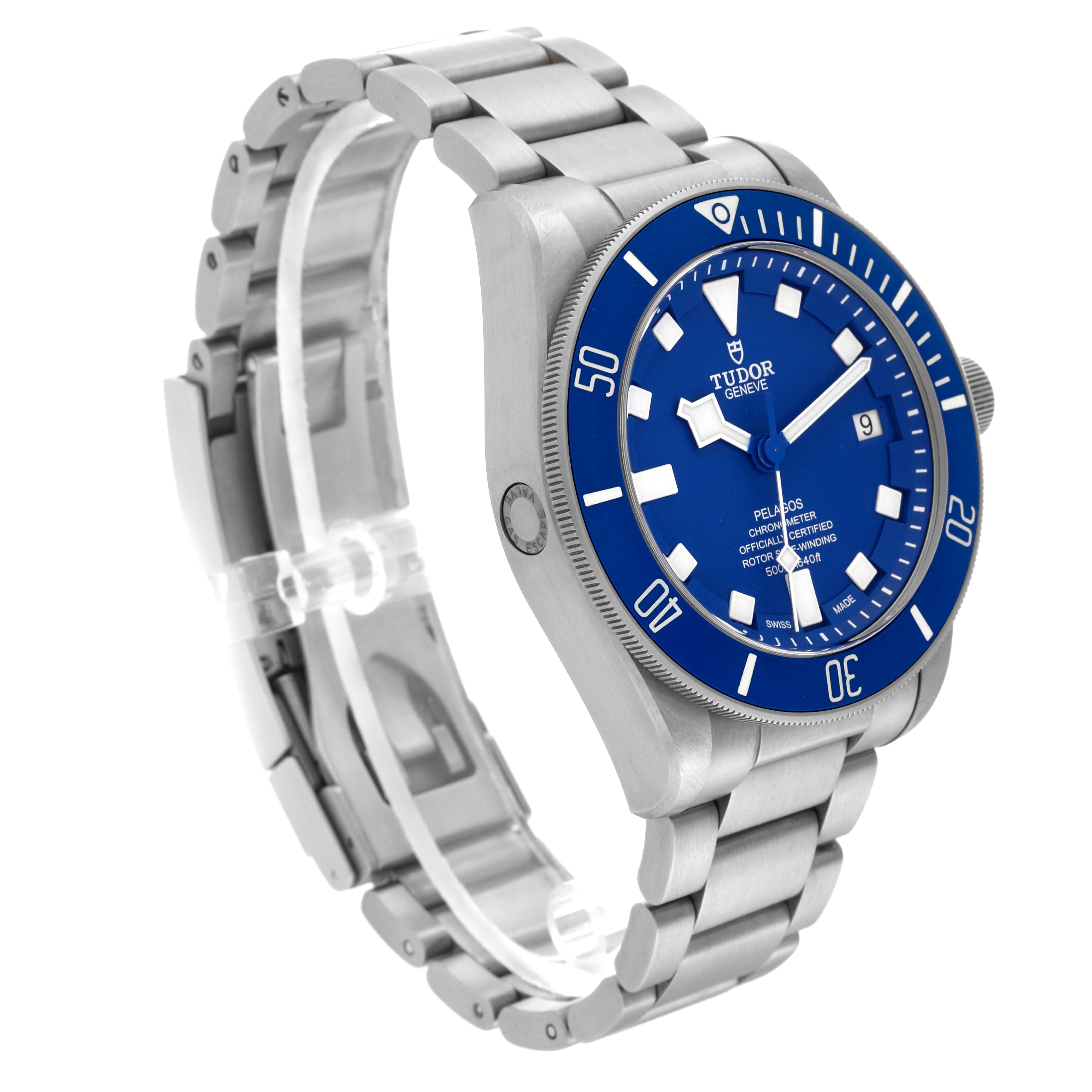 The Tudor Pelagos 25600TB Men's Titanium Blue Dial 25600TB Men's Titanium Blue Dial watch is shown at a three-quarter angle, highlighting its blue dial, bezel, case, and metal bracelet.