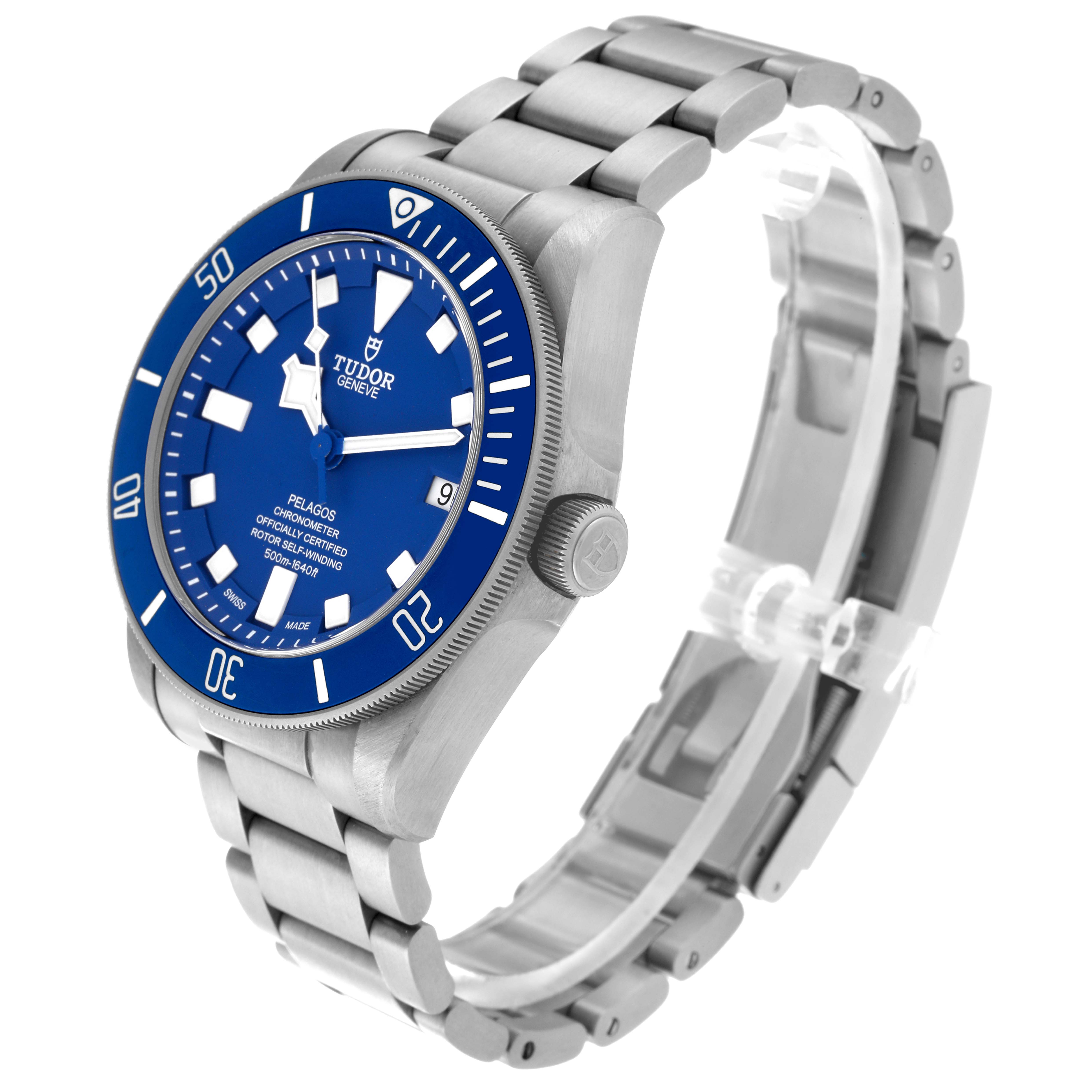 This image shows the Tudor Pelagos 25600TB Men's Titanium Blue Dial 25600TB Men's Titanium Blue Dial watch at a three-quarter angle highlighting the face, bezel, crown, and bracelet.