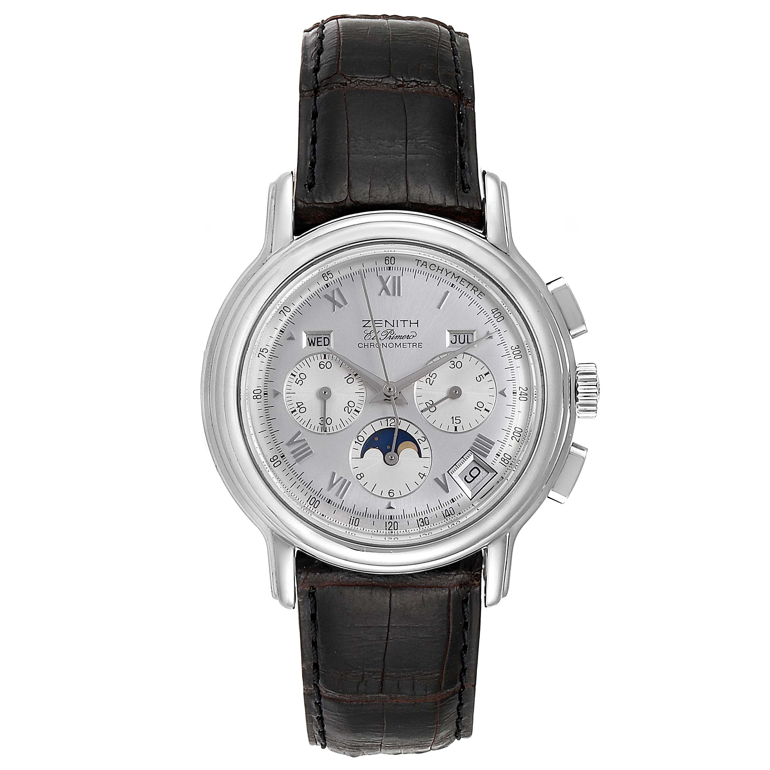 The Zenith Chronomaster 01.0240.410 Men's Stainless Steel Silver Dial 01.0240.410 Men's Stainless Steel Silver Dial watch is shown from a front angle, displaying its face, three subdials, Roman numerals, and a leather strap.