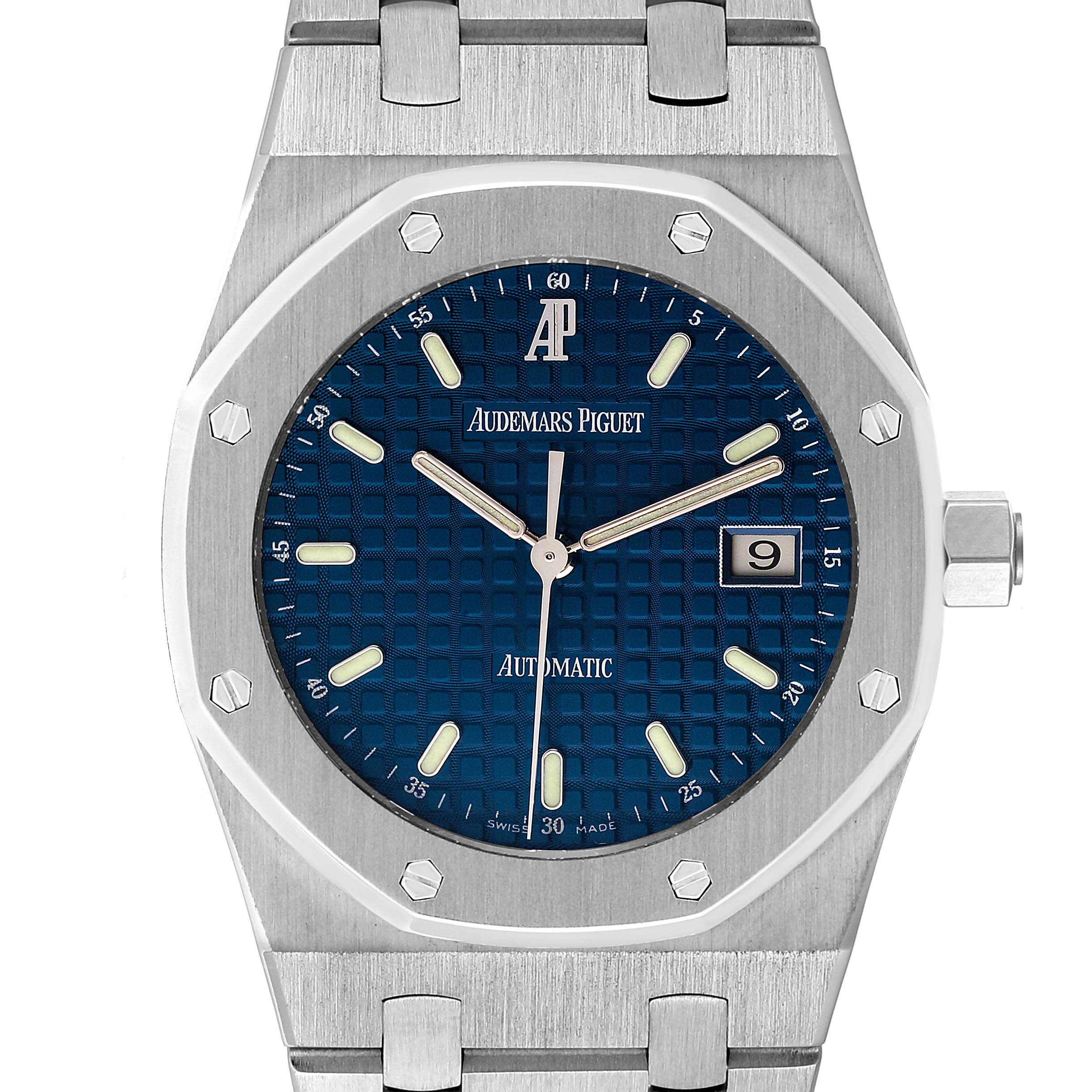 This image shows a front view of the Audemars Piguet Royal Oak 15000ST.OO.0789ST.05 Men's Stainless Steel Blue Dial 15000ST.OO.0789ST.05 Men's Stainless Steel Blue Dial watch, highlighting the dial, hands, date window, and part of the bracelet.