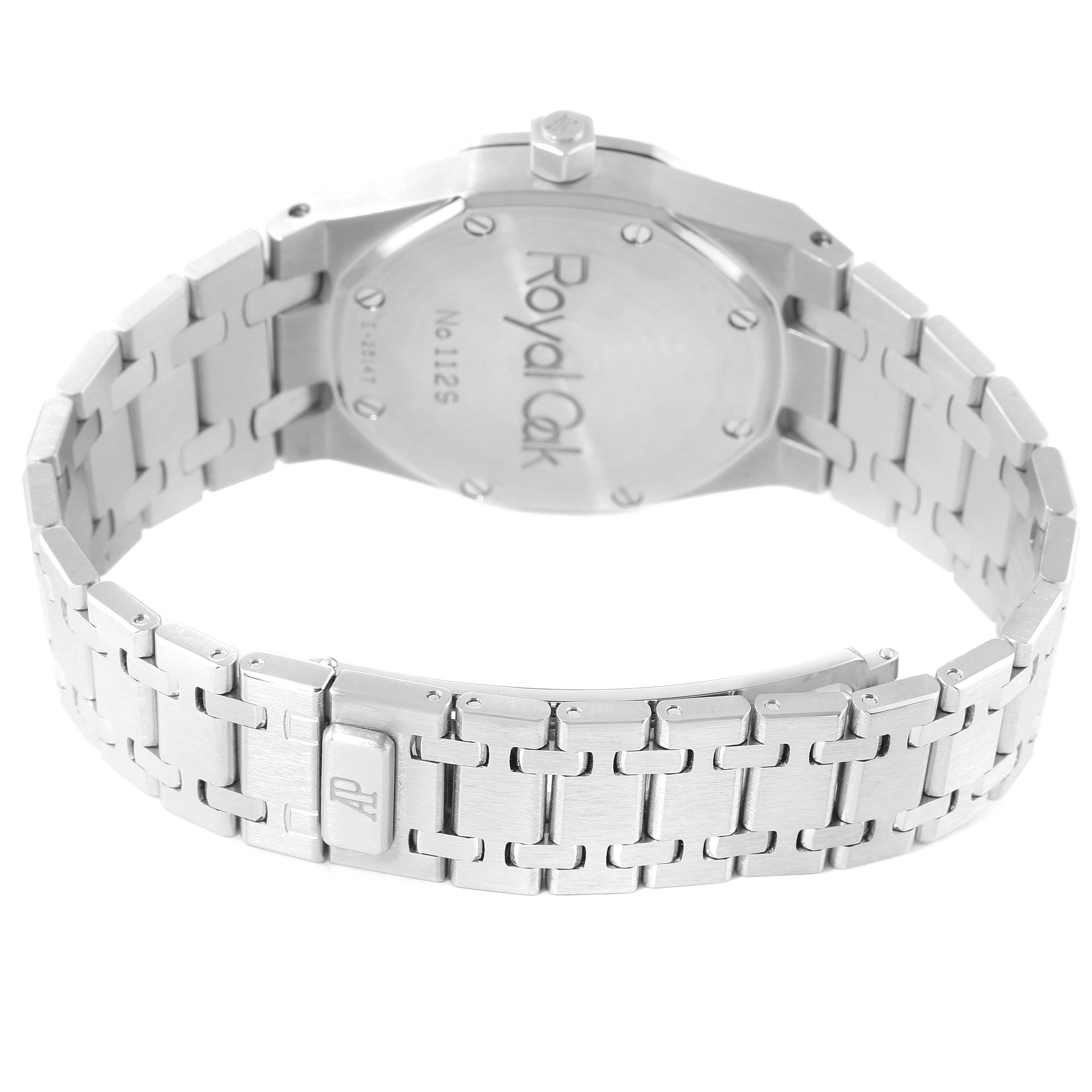 The image shows the back view of the Audemars Piguet Royal Oak 15000ST.OO.0789ST.05 Men's Stainless Steel Blue Dial 15000ST.OO.0789ST.05 Men's Stainless Steel Blue Dial watch, highlighting its case back and stainless steel bracelet.