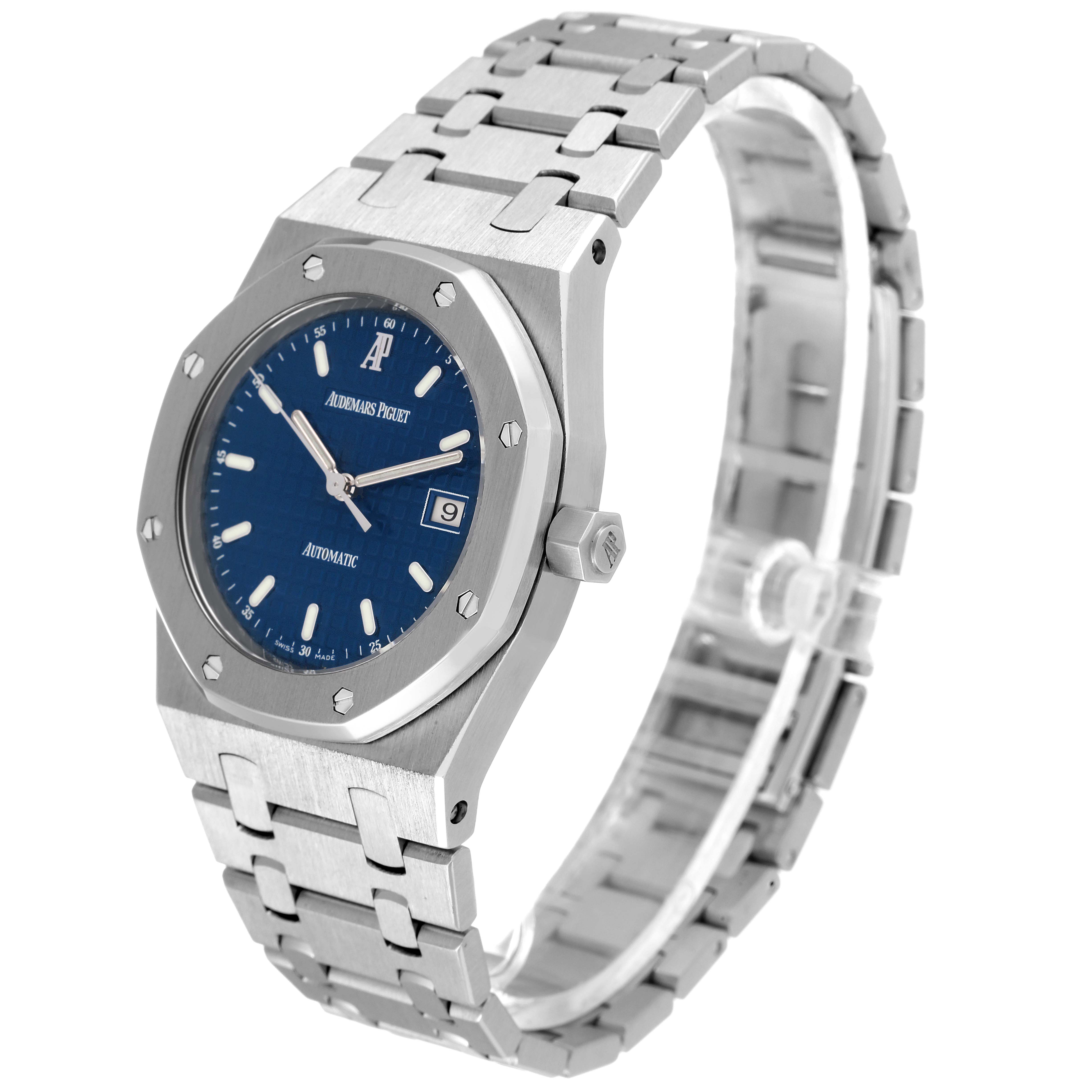 The image shows a Royal Oak model by Audemars Piguet at an angled view, highlighting the face, bracelet, and crown.