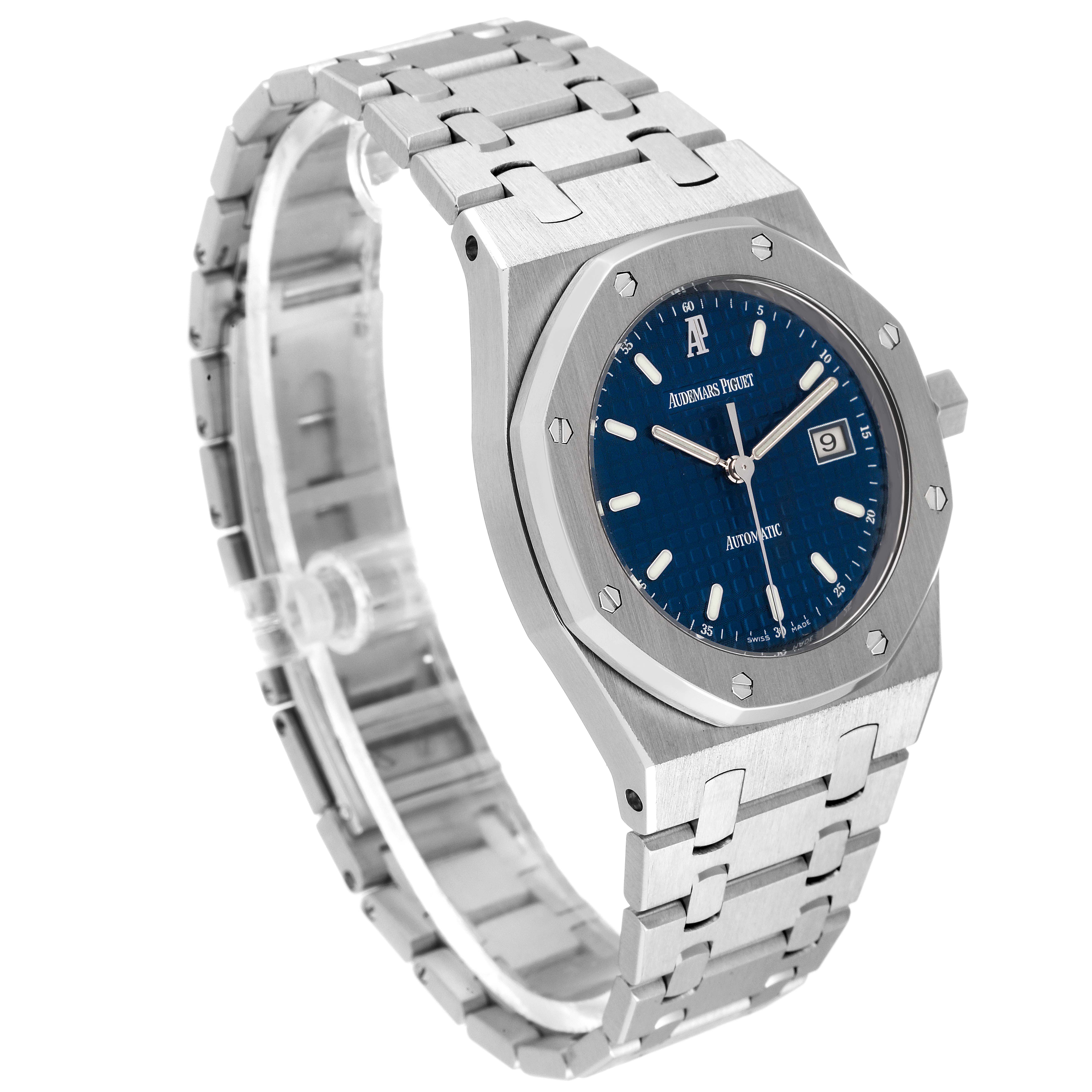 This image showcases a Royal Oak by Audemars Piguet at a three-quarter angle, displaying the dial, bracelet, and bezel.