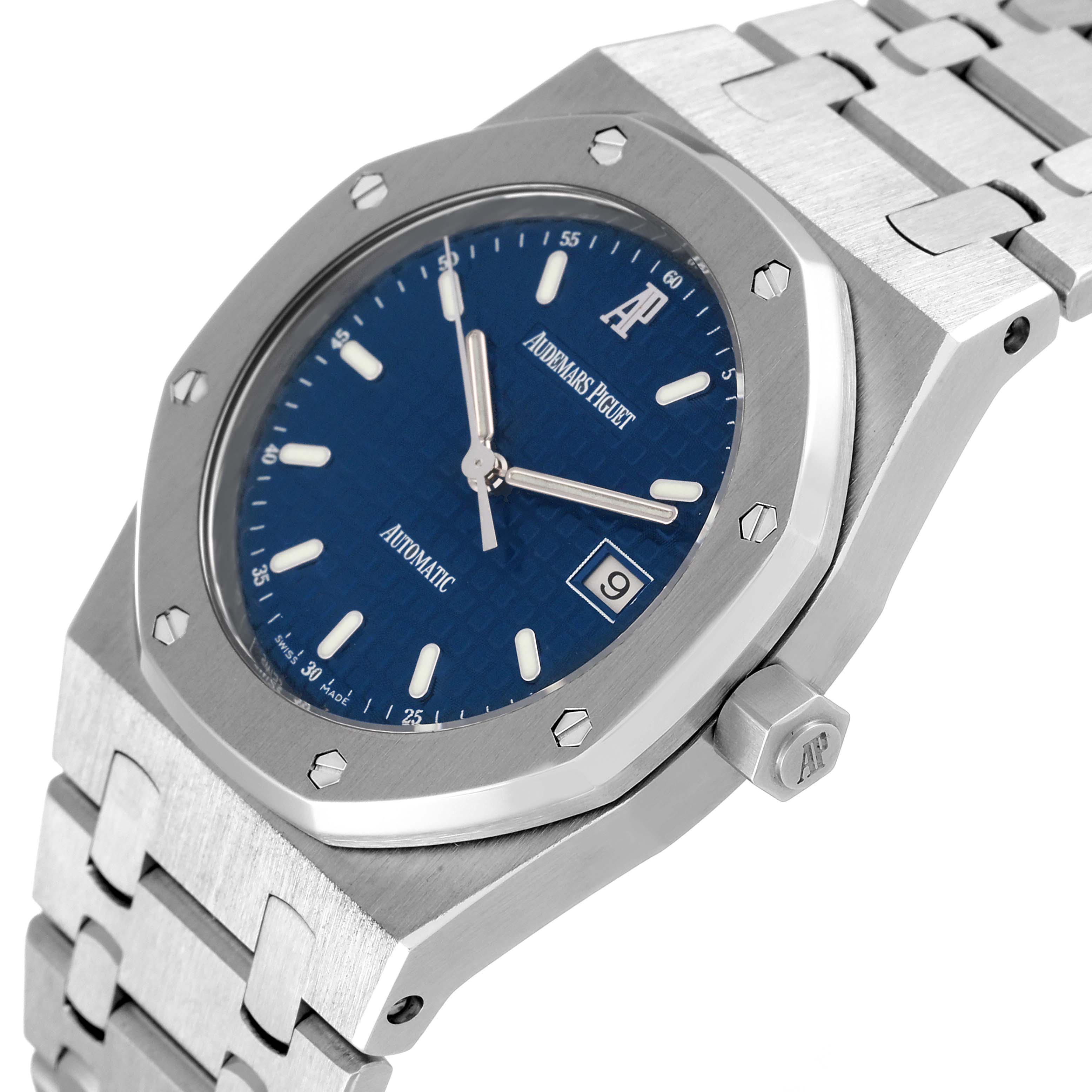 The Audemars Piguet Royal Oak 15000ST.OO.0789ST.05 Men's Stainless Steel Blue Dial 15000ST.OO.0789ST.05 Men's Stainless Steel Blue Dial watch is shown angled from the top-right, displaying the blue dial, octagonal bezel, and part of the bracelet.